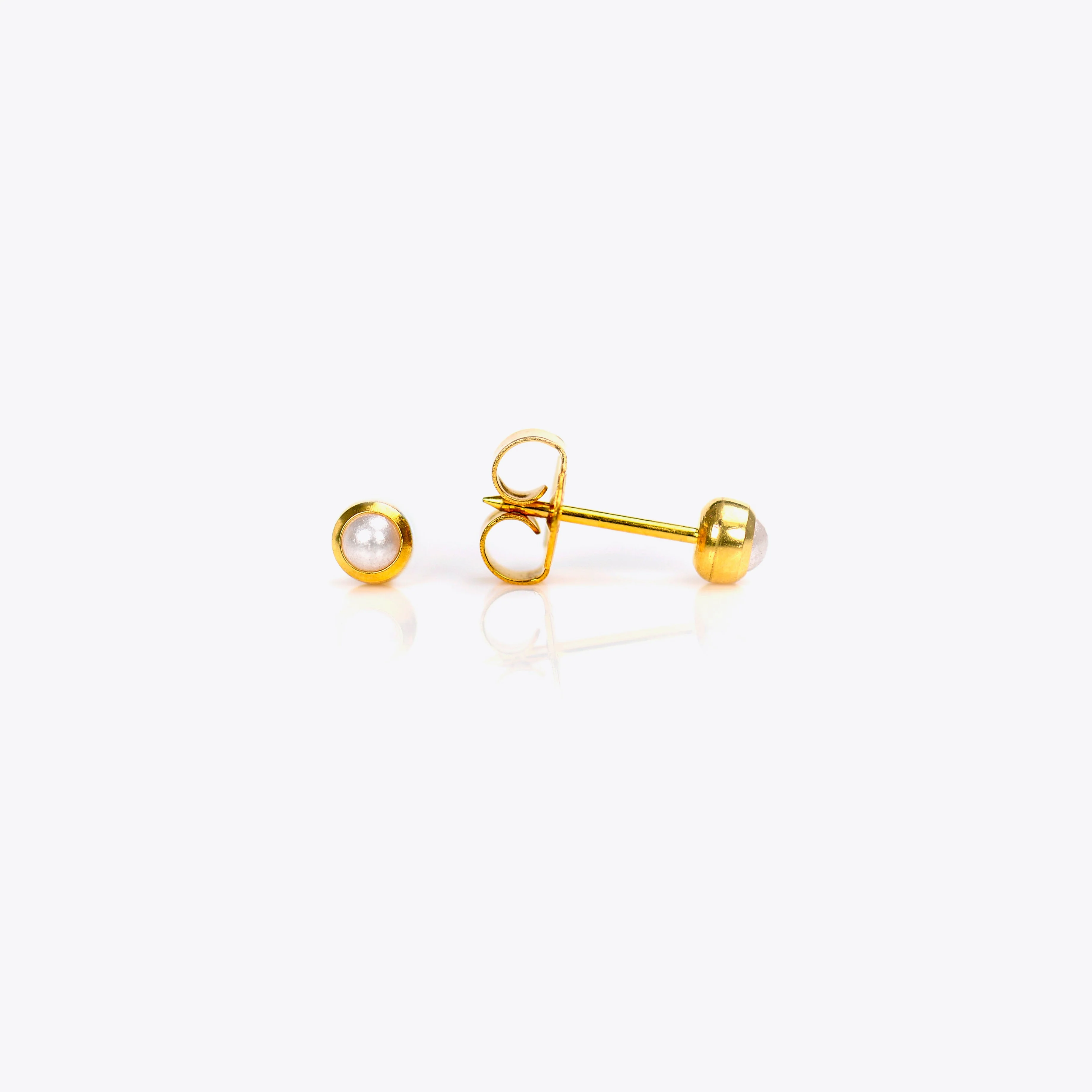 System 75 Bezel Set Birthstone Piercing Studs - 3mm - White Pearl - Gold Plated
