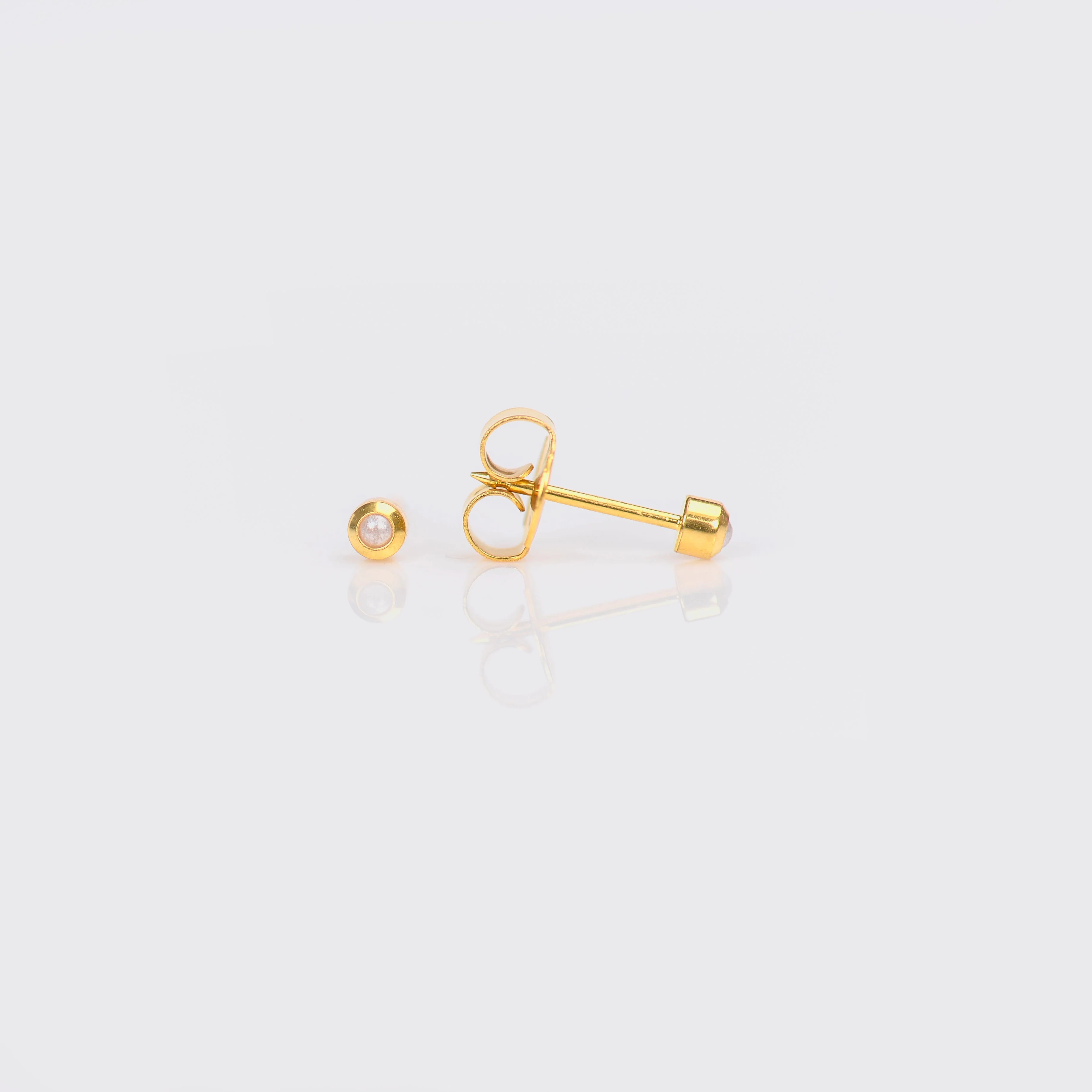 System 75 Bezel Set Birthstone Piercing Studs - 2mm - White Pearl - Gold Plated