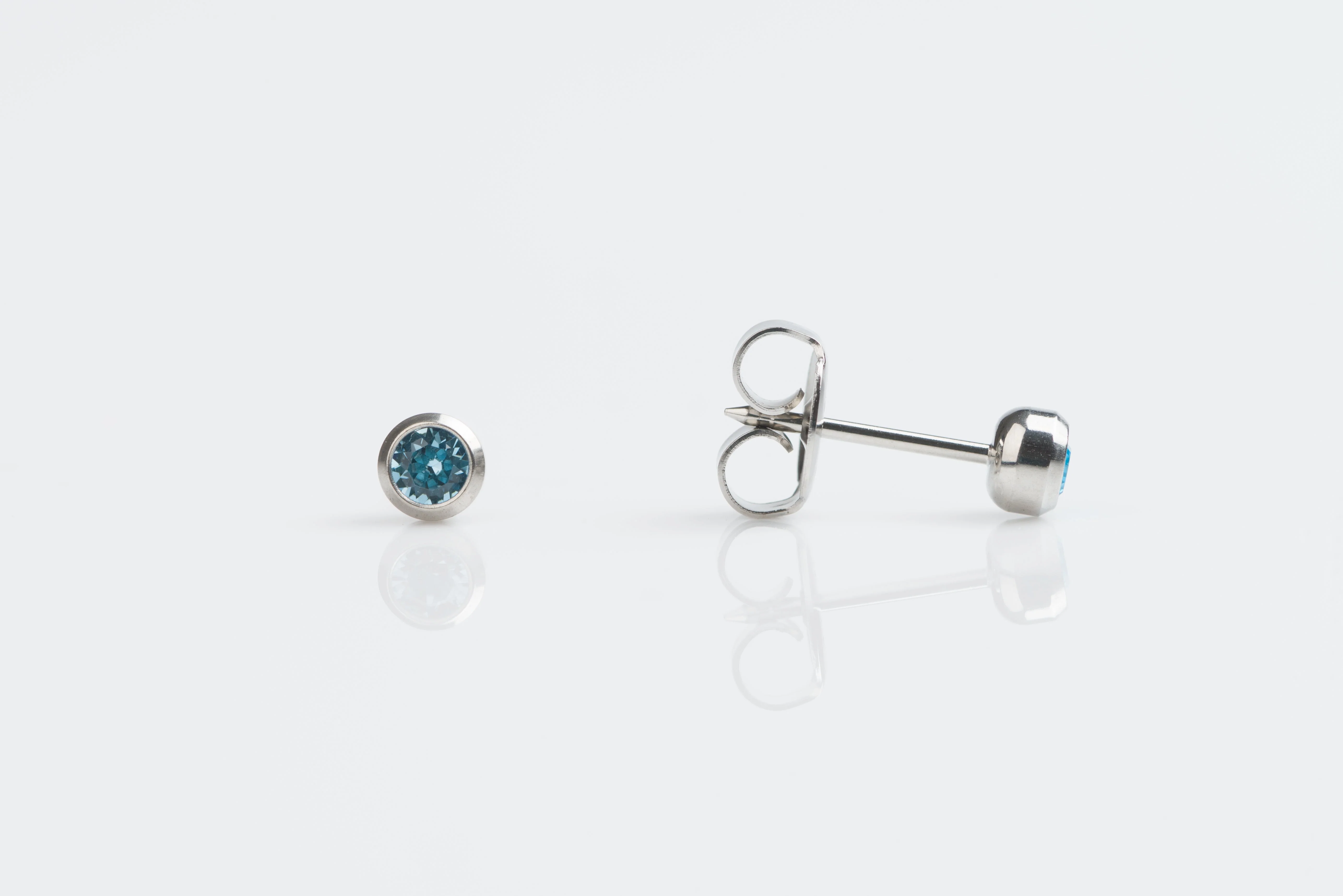 System 75 Bezel Set Piercing Studs - 3mm - March Aquamarine - Stainless Steel