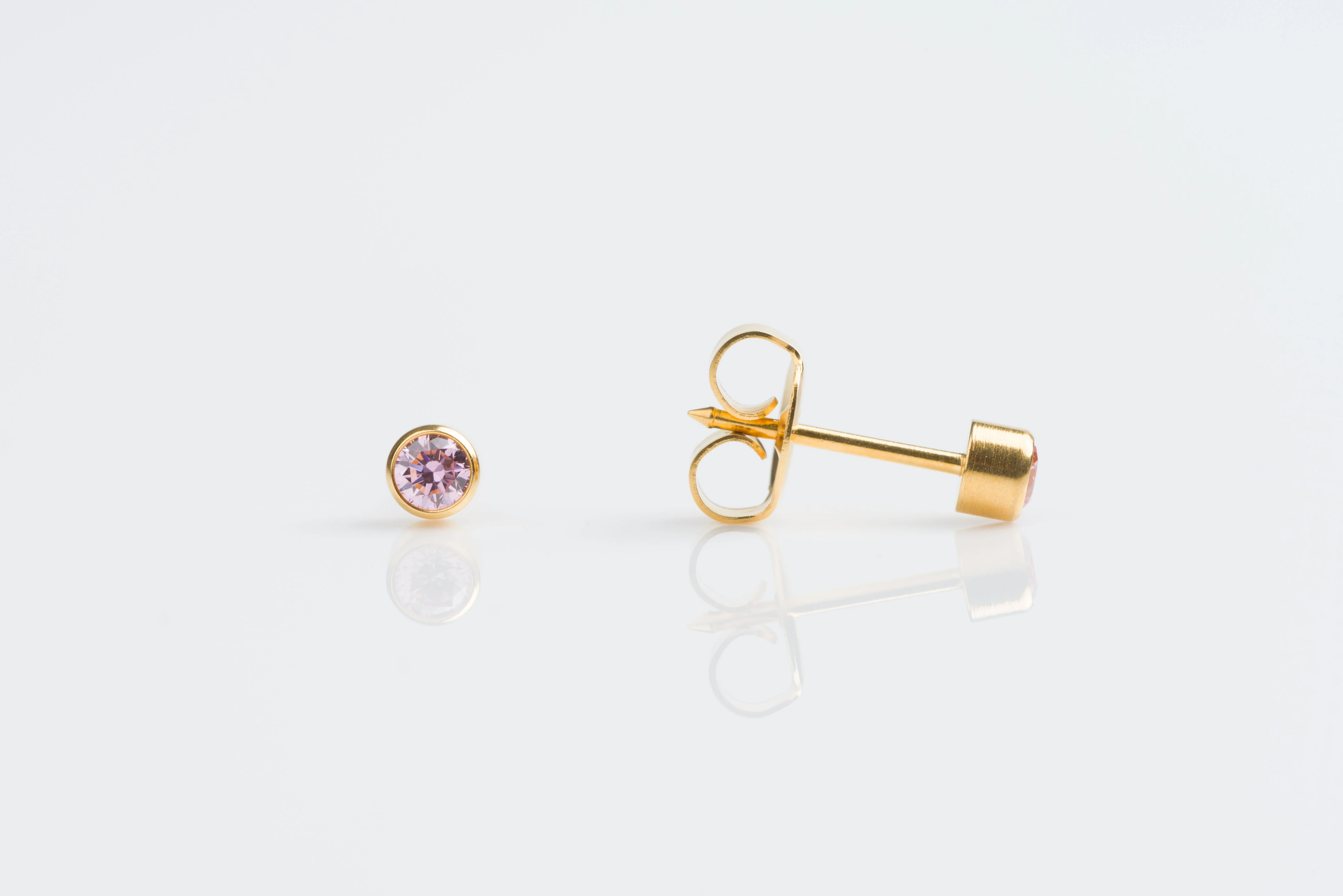 System 75 Bezel Set Piercing Studs - 3mm - October Rose Crystal - 14K Yellow Gold
