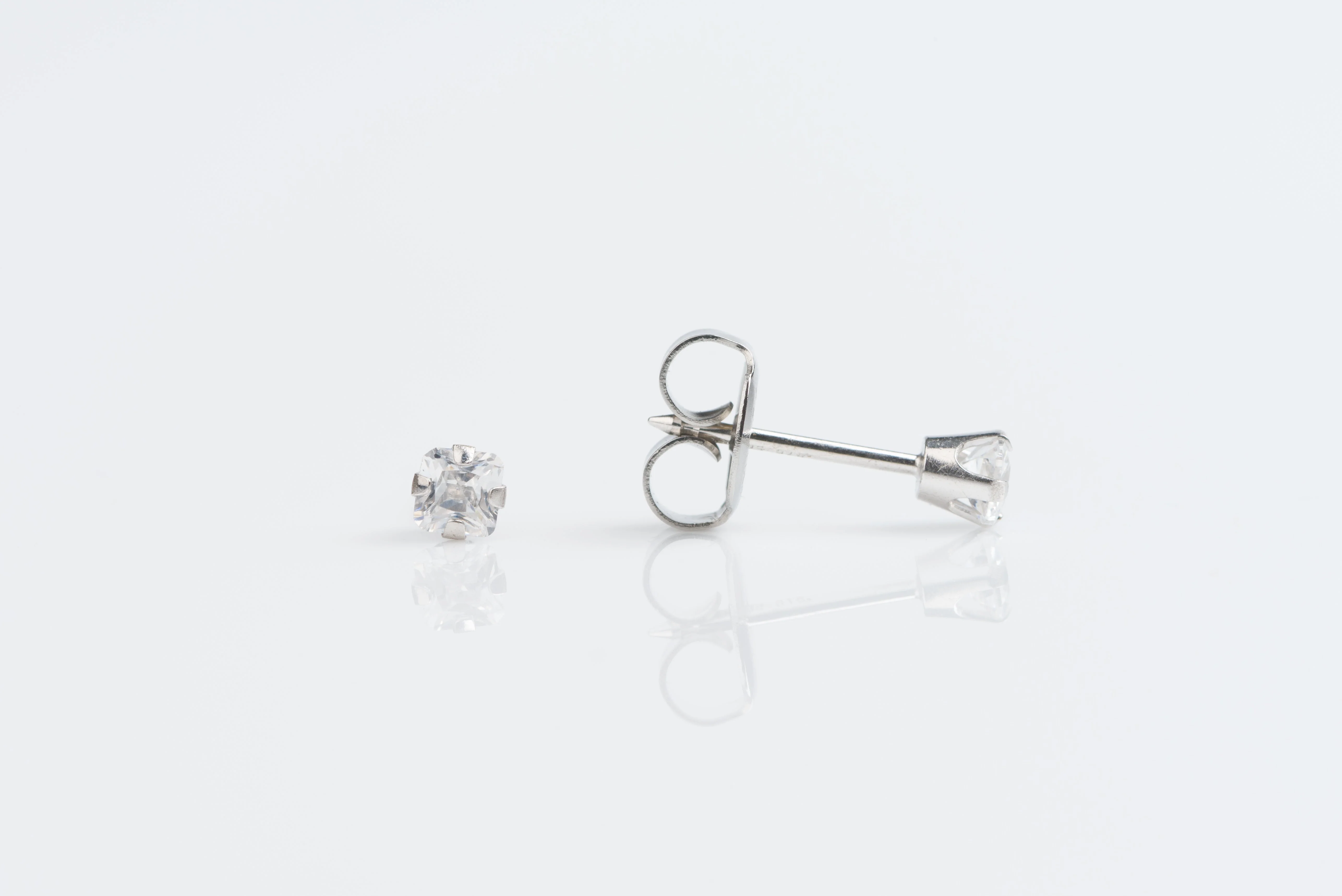 System 75 Prong Set Princess Cut Piercing Studs - 3x3 - Cubic Zirconia - 14K White Gold