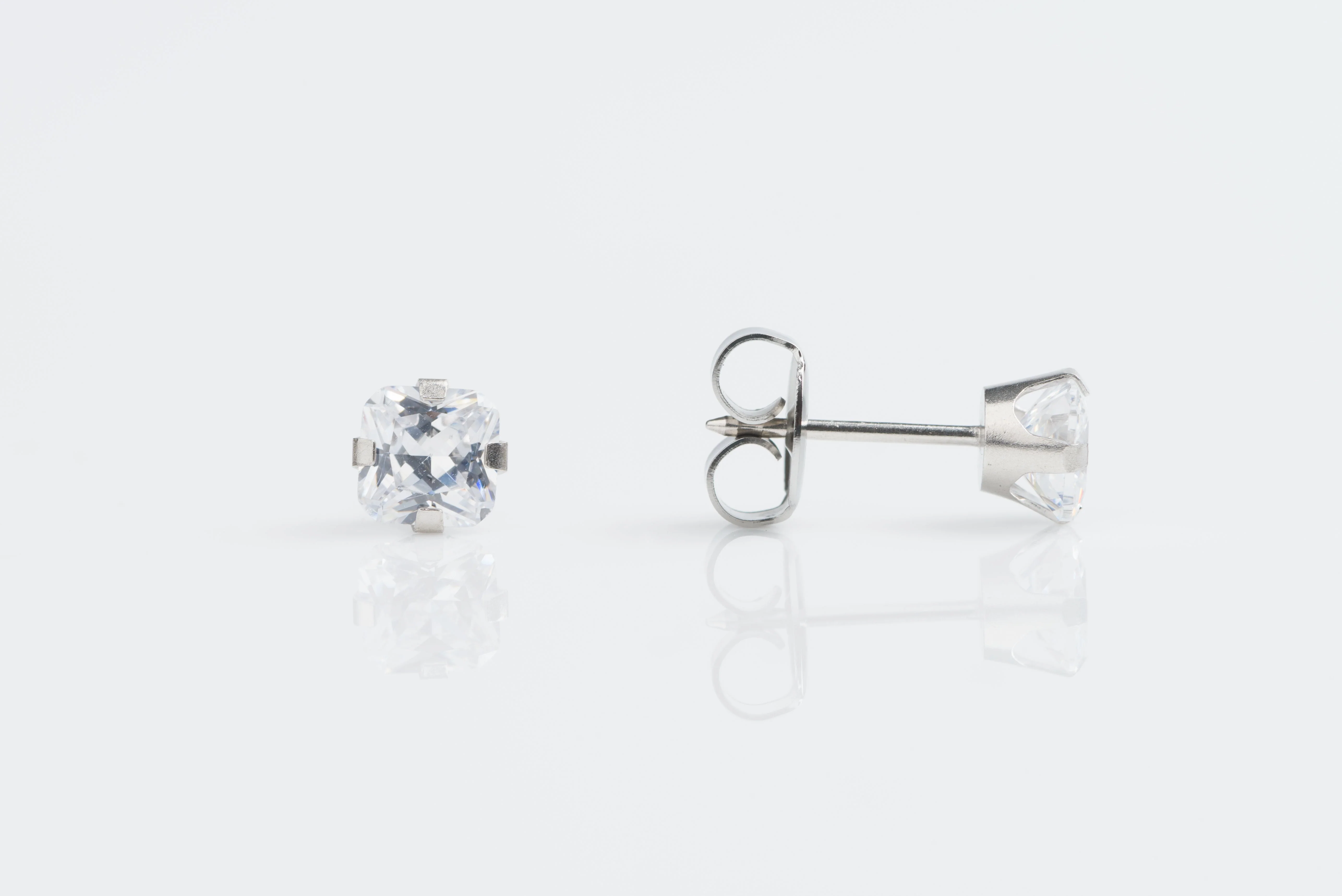 System 75 Prong Set Princess Cut Piercing Studs - 5x5 - Cubic Zirconia - 14K White Gold