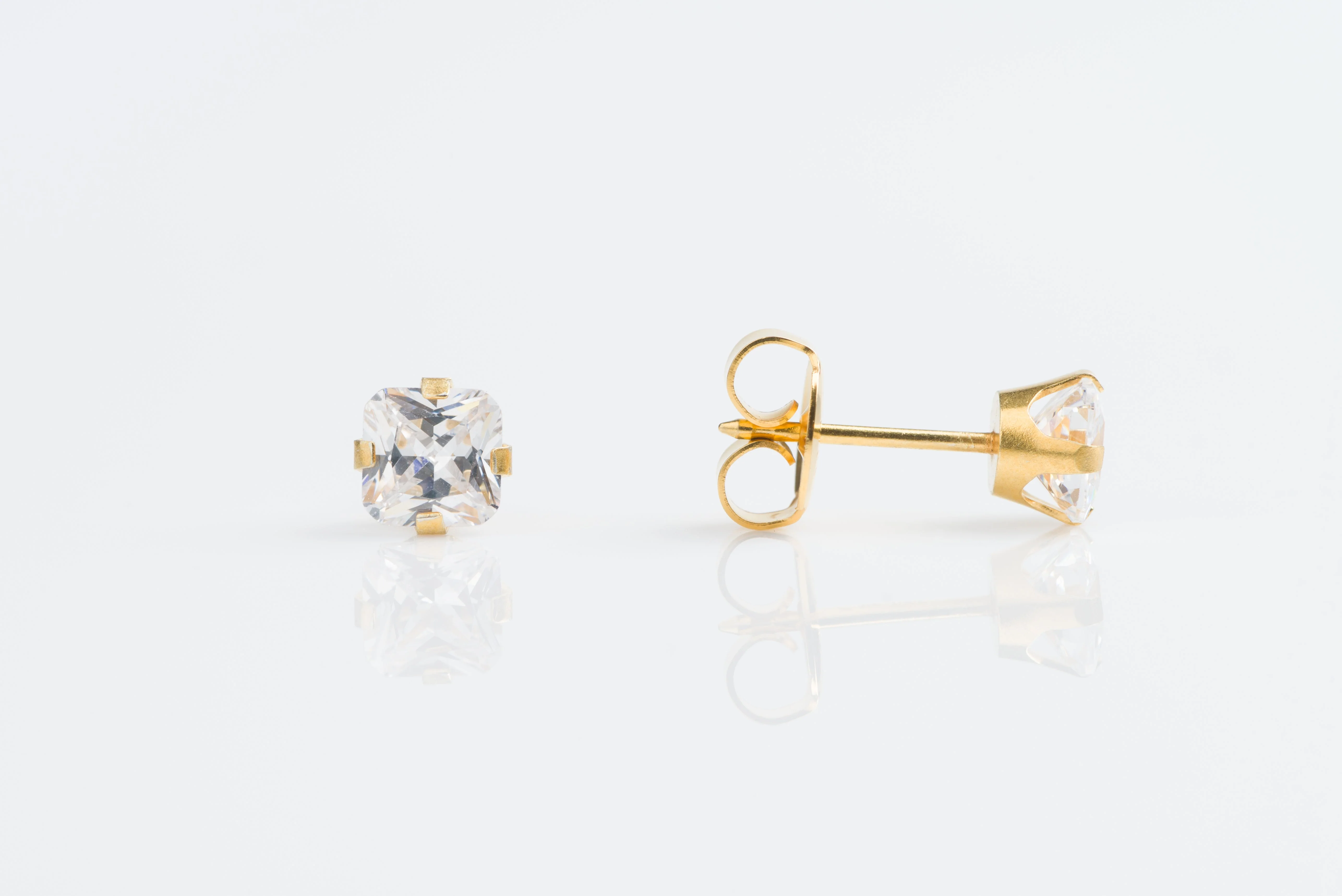 System 75 Prong Set Princess Cut Piercing Studs - 5x5 - Cubic Zirconia - 14K Yellow Gold