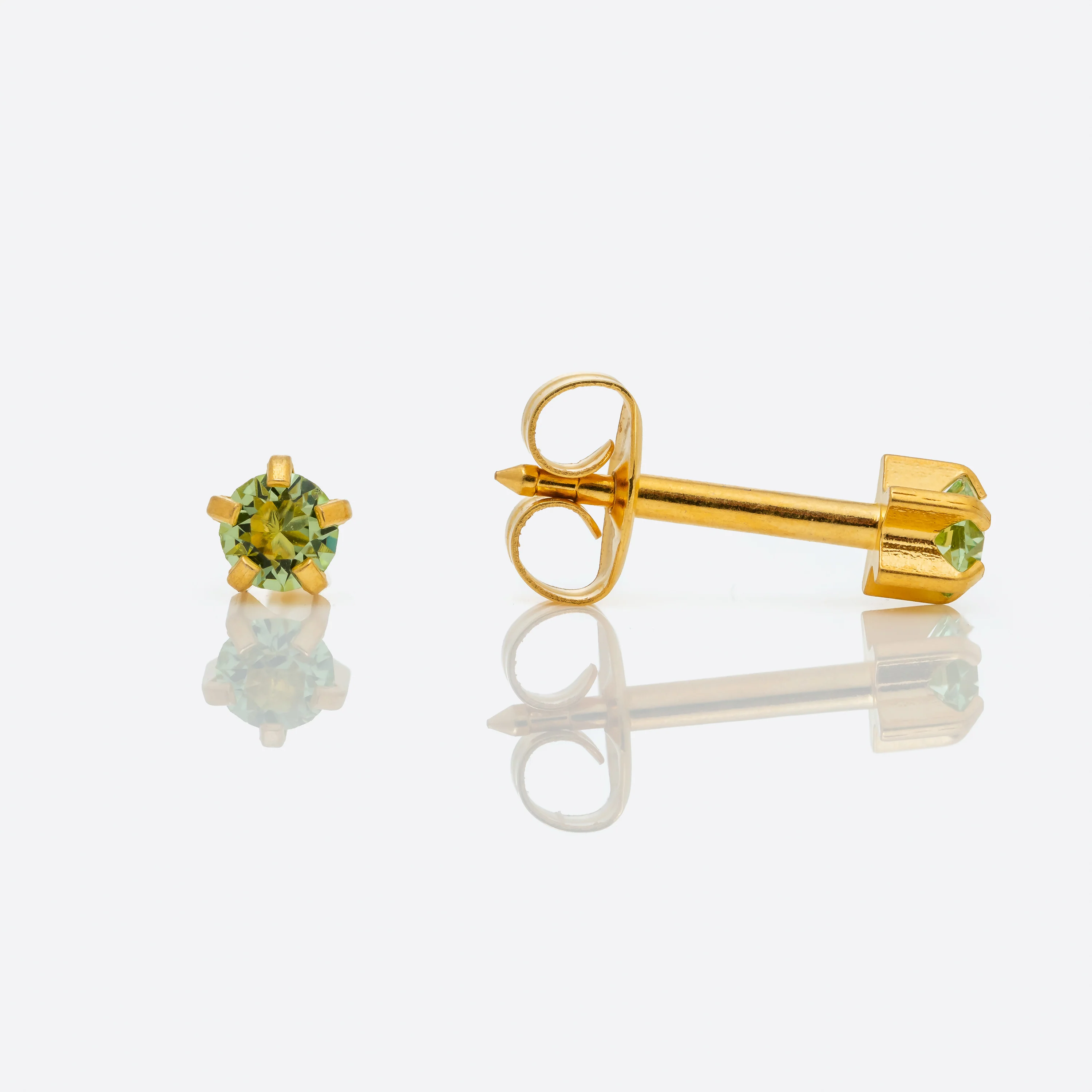 Prong Set Birthstone Universal Flatpack Piercing Studs - Gold Plated - August Peridot Crystal - Regular Adaptor