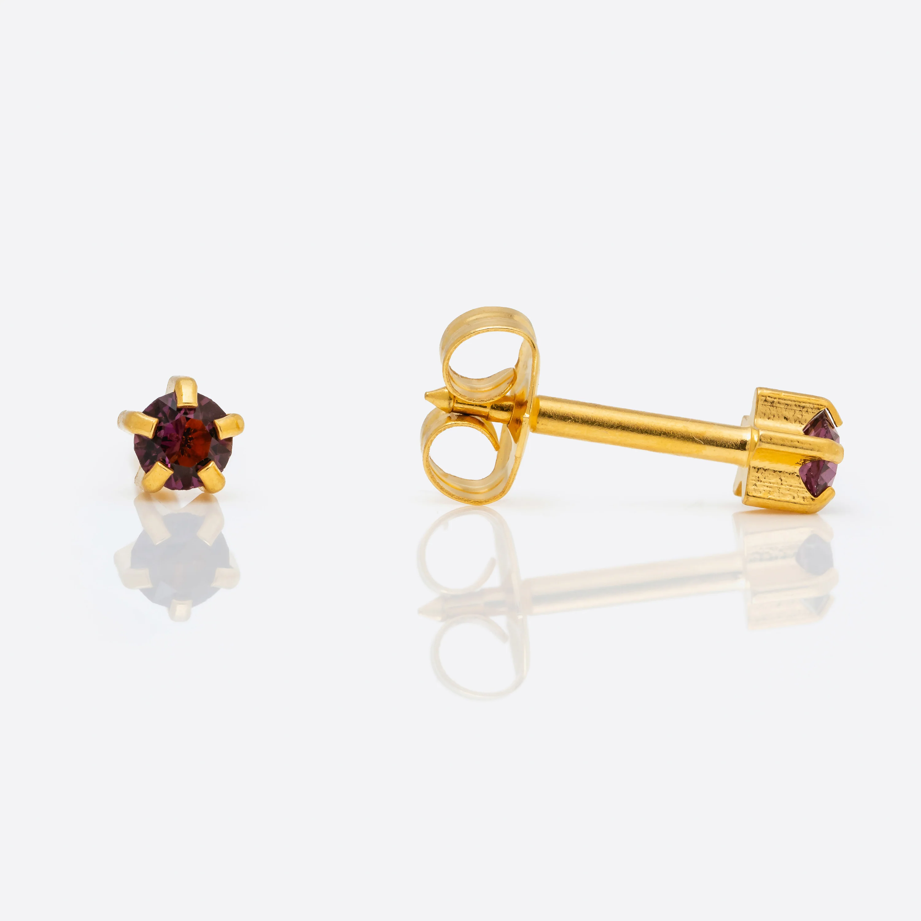 Prong Set Birthstone Universal Flatpack Piercing Studs - Gold Plated - February Amethyst Crystal - Regular Adaptor