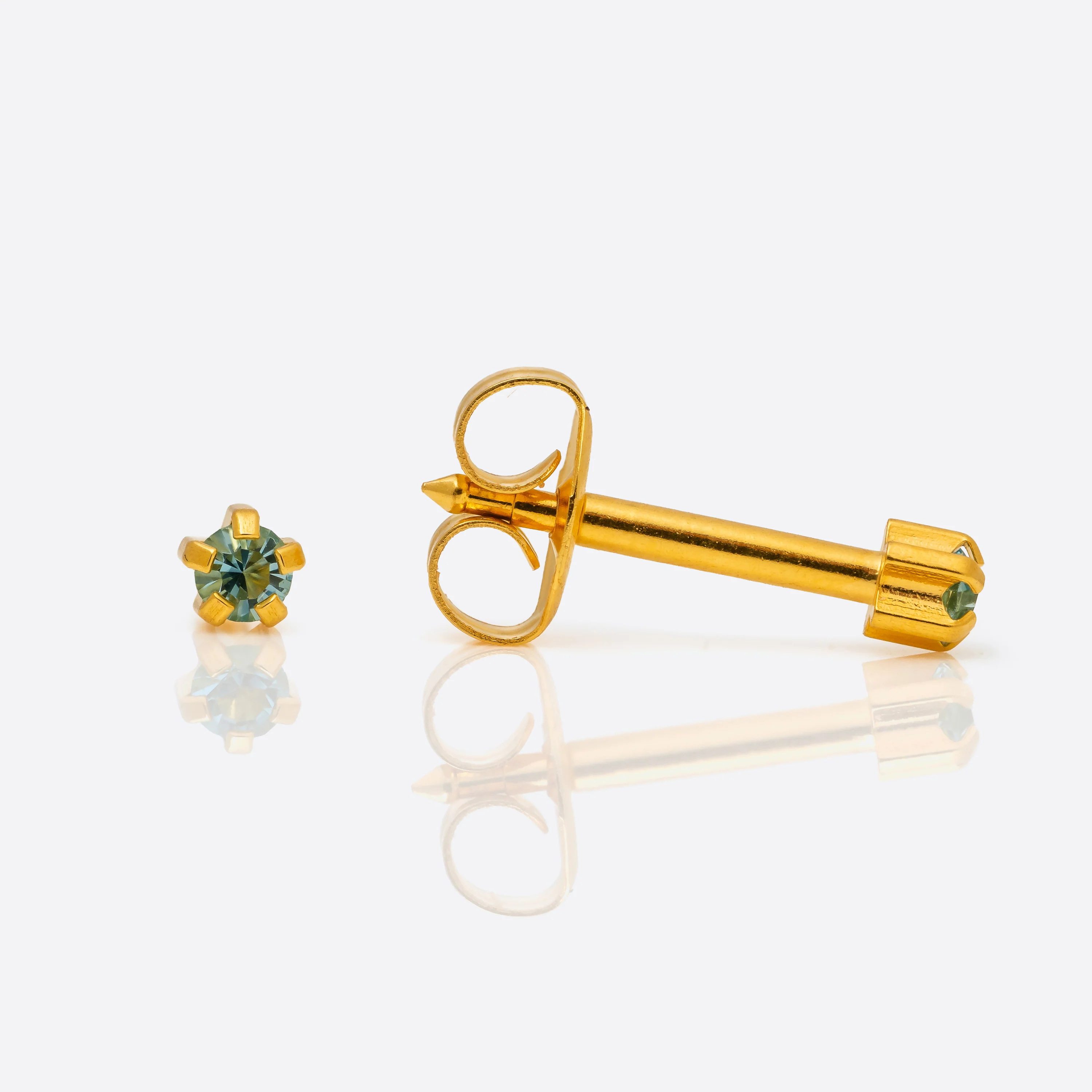 Prong Set Birthstone Universal Flatpack Piercing Studs - Gold Plated - March Aquamarine Crystal - Mini Adaptor