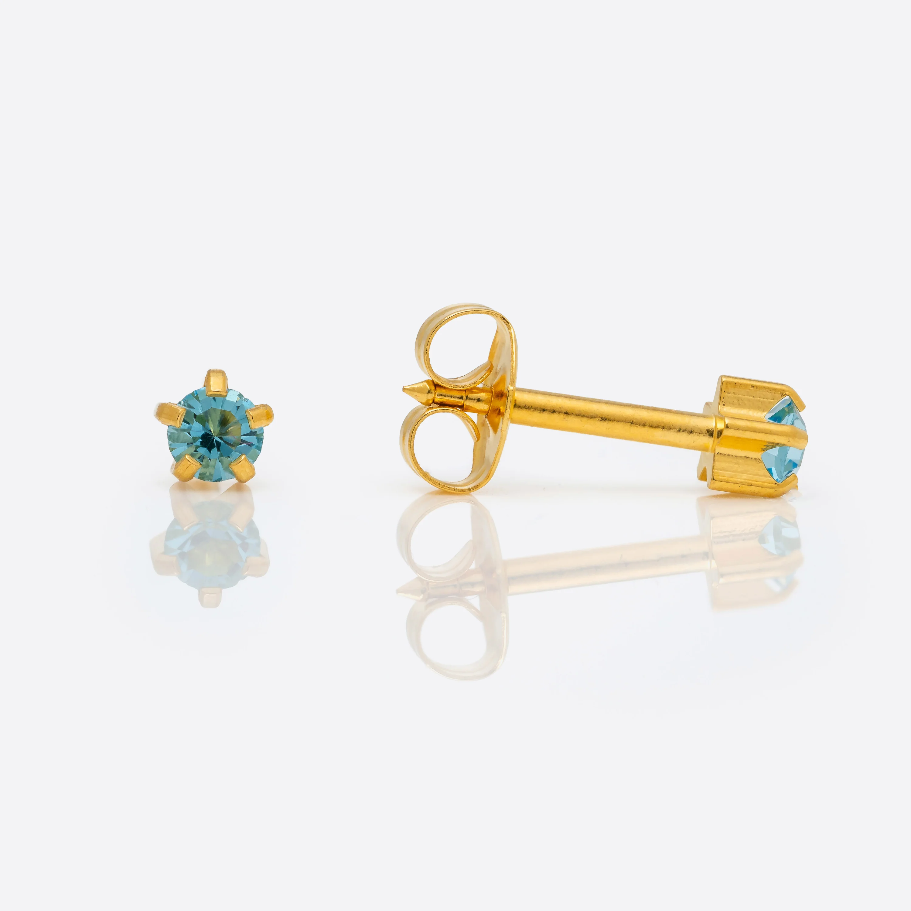 Prong Set Birthstone Universal Flatpack Piercing Studs - Gold Plated - March Aquamarine Crystal - Regular Adaptor