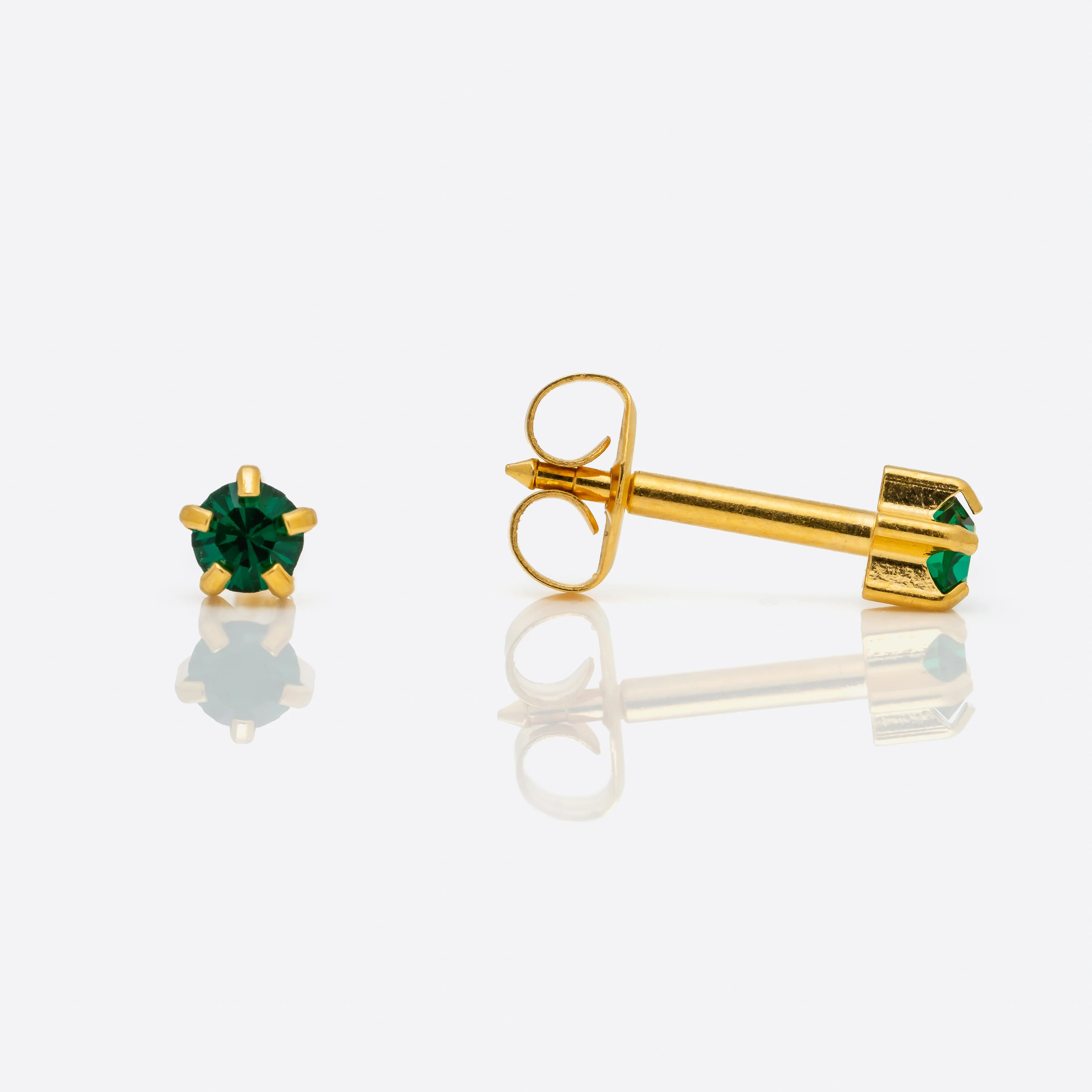Prong Set Birthstone Universal Flatpack Piercing Studs - Gold Plated - May Emerald Crystal - Regular Adaptor