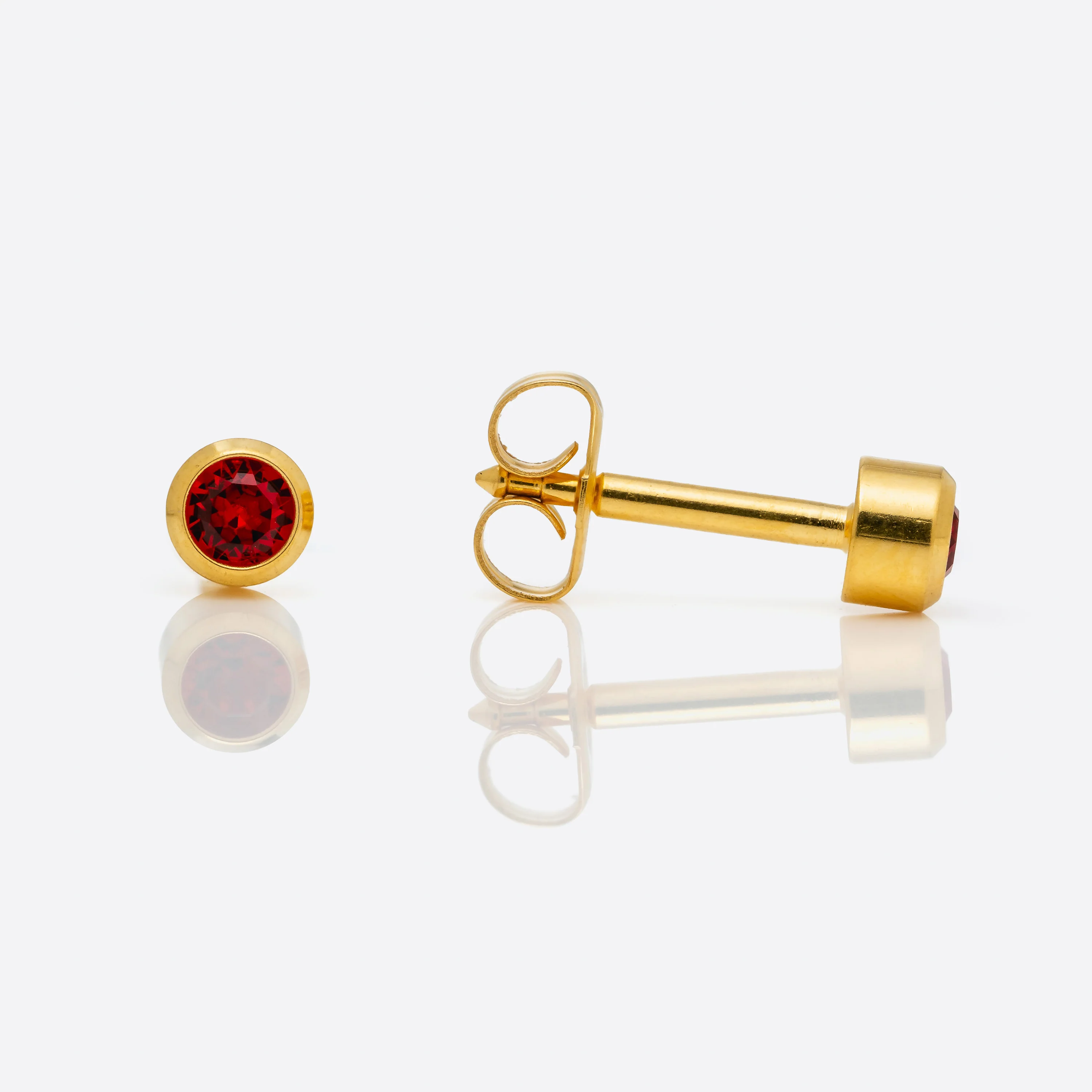 Bezel Set Birthstone Universal Flatpack Piercing Studs - Gold Plated - July Ruby Crystal - Regular Adaptor