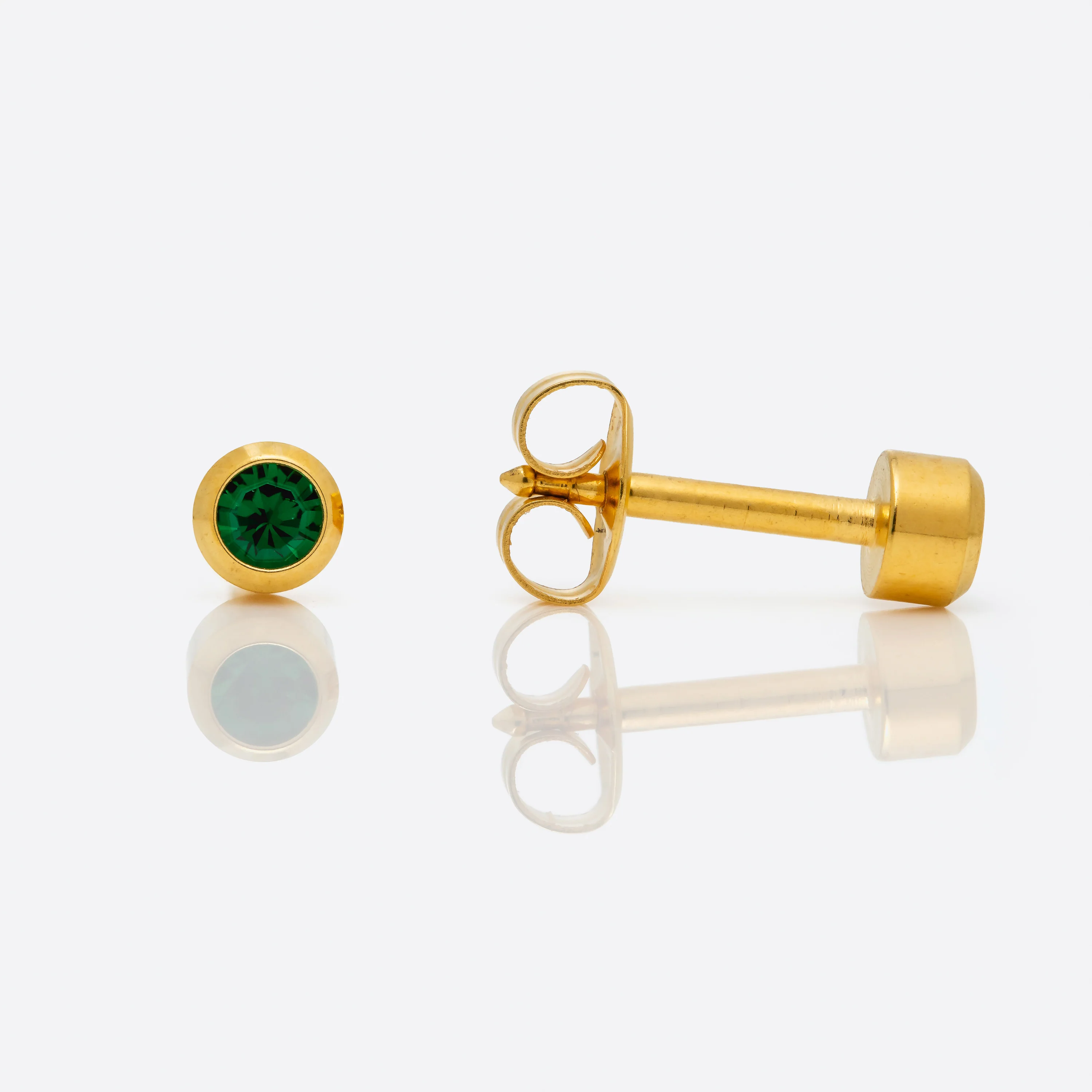 Bezel Set Birthstone Universal Flatpack Piercing Studs - Gold Plated - May Emerald Crystal - Regular Adaptor