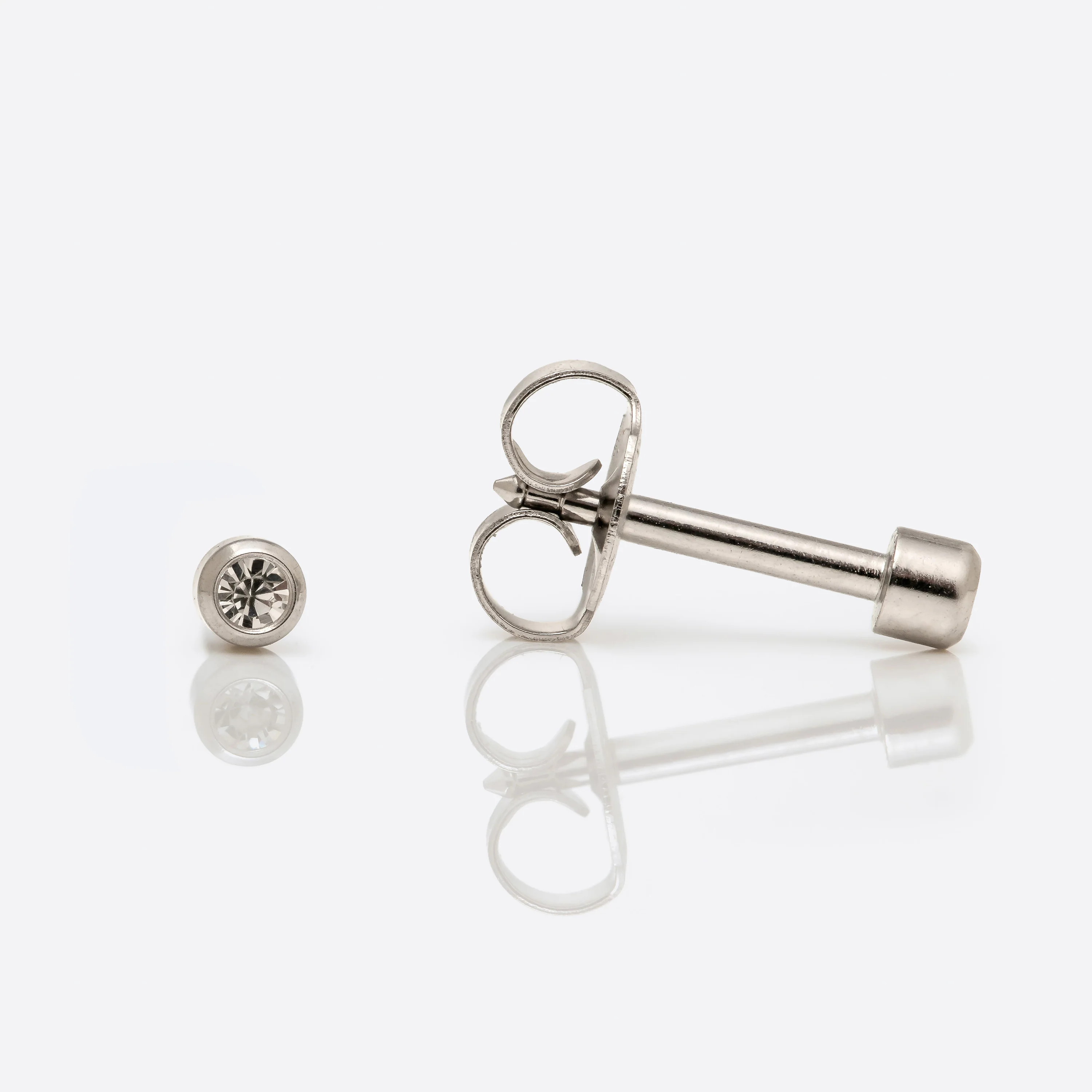 Bezel Set Birthstone Universal Flatpack Piercing Studs - Stainless Steel - April Clear Crystal - Mini Adaptor