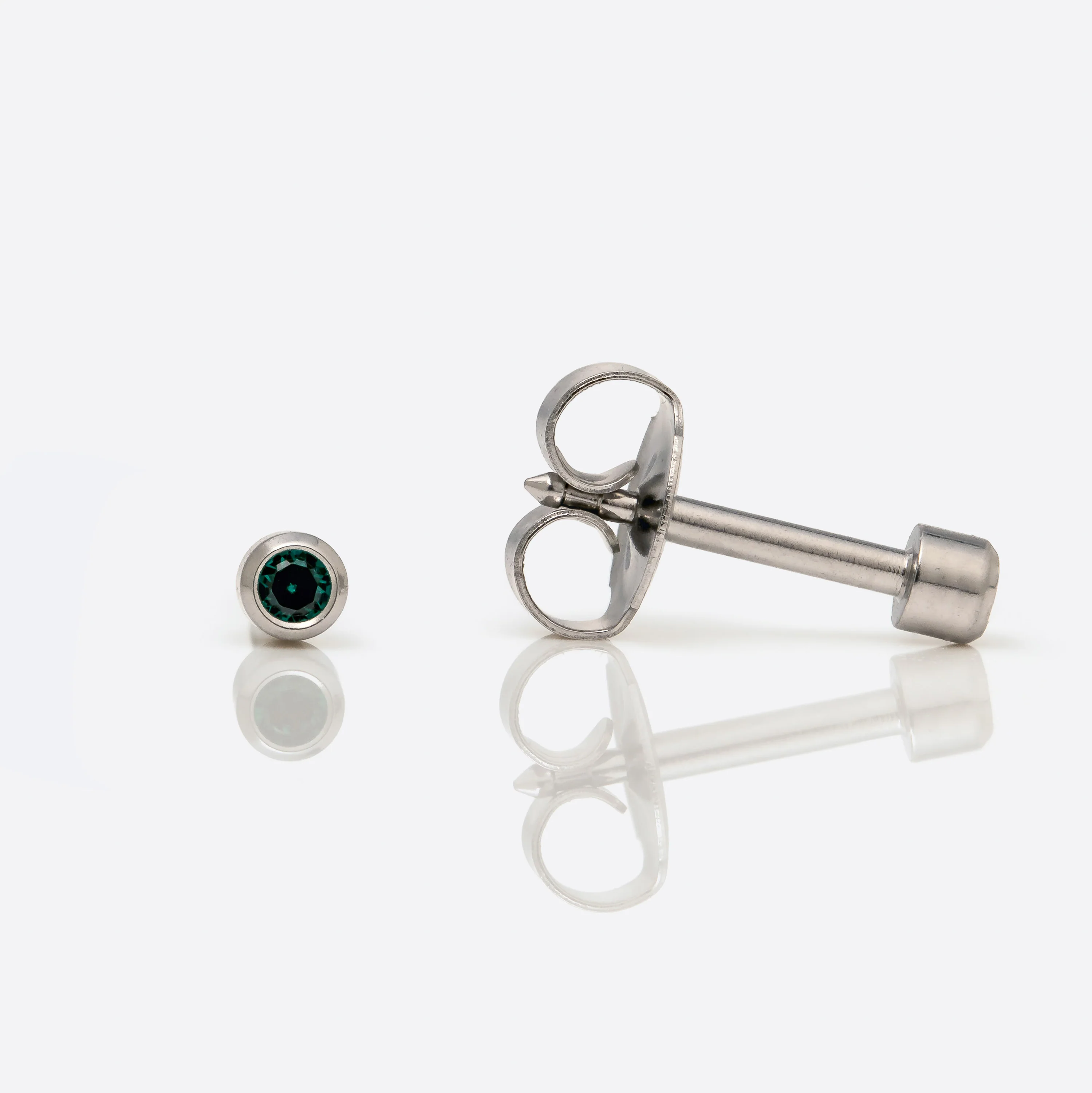 Bezel Set Birthstone Universal Flatpack Piercing Studs - Stainless Steel - May Emerald Crystal - Mini Adaptor