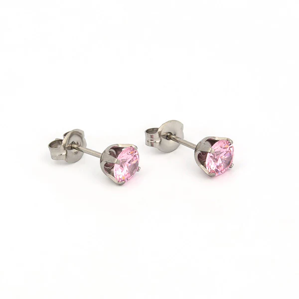 Sensitive Puff Pad Fashion - 5mm - Pink Prong-Set Cubic Zirconia - Stainless Steel
