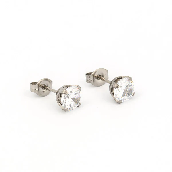 Sensitive Puff Pad Fashion - 6mm - Prong-Set Cubic Zirconia - Stainless Steel