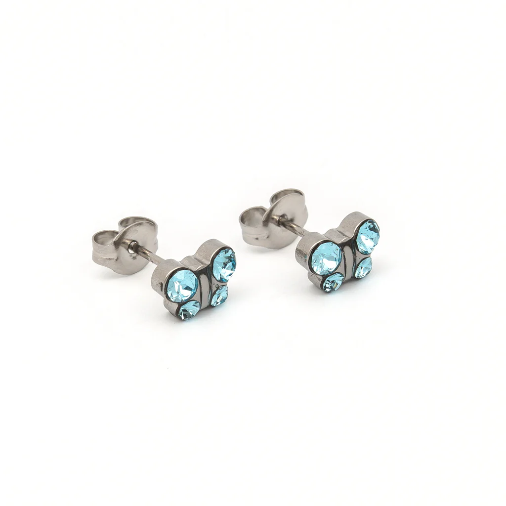 Sensitive Puff Pad Fashion - Butterfly - March Aquamarine Crystal - Stainless Steel