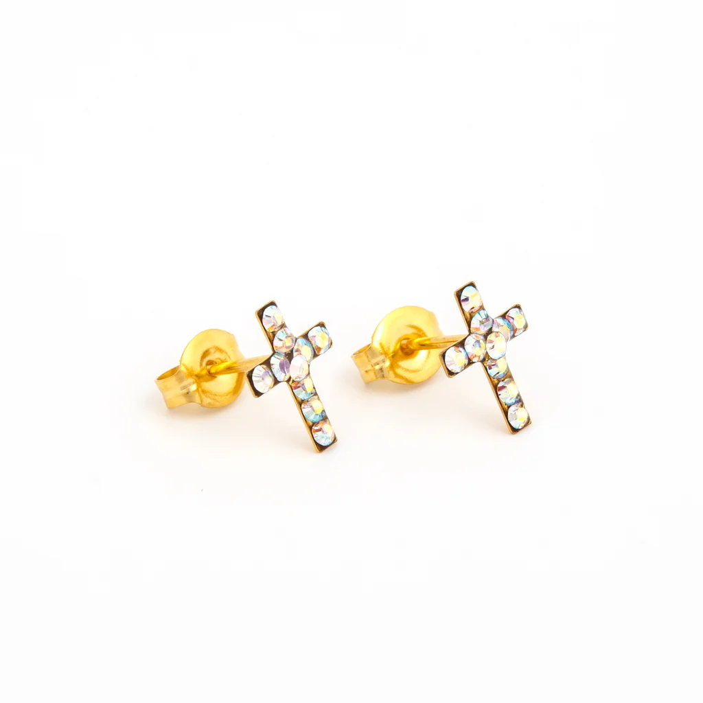 Sensitive Puff Pad Fashion - Cross - Ab Crystal - Gold Plated