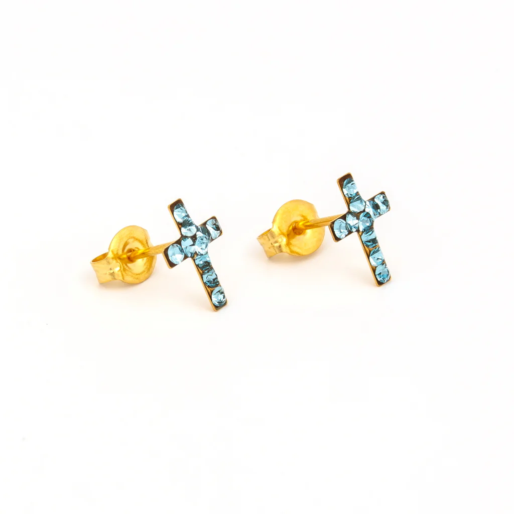 Sensitive Puff Pad Fashion - Cross - March Aquamarine Crystal - Gold Plated