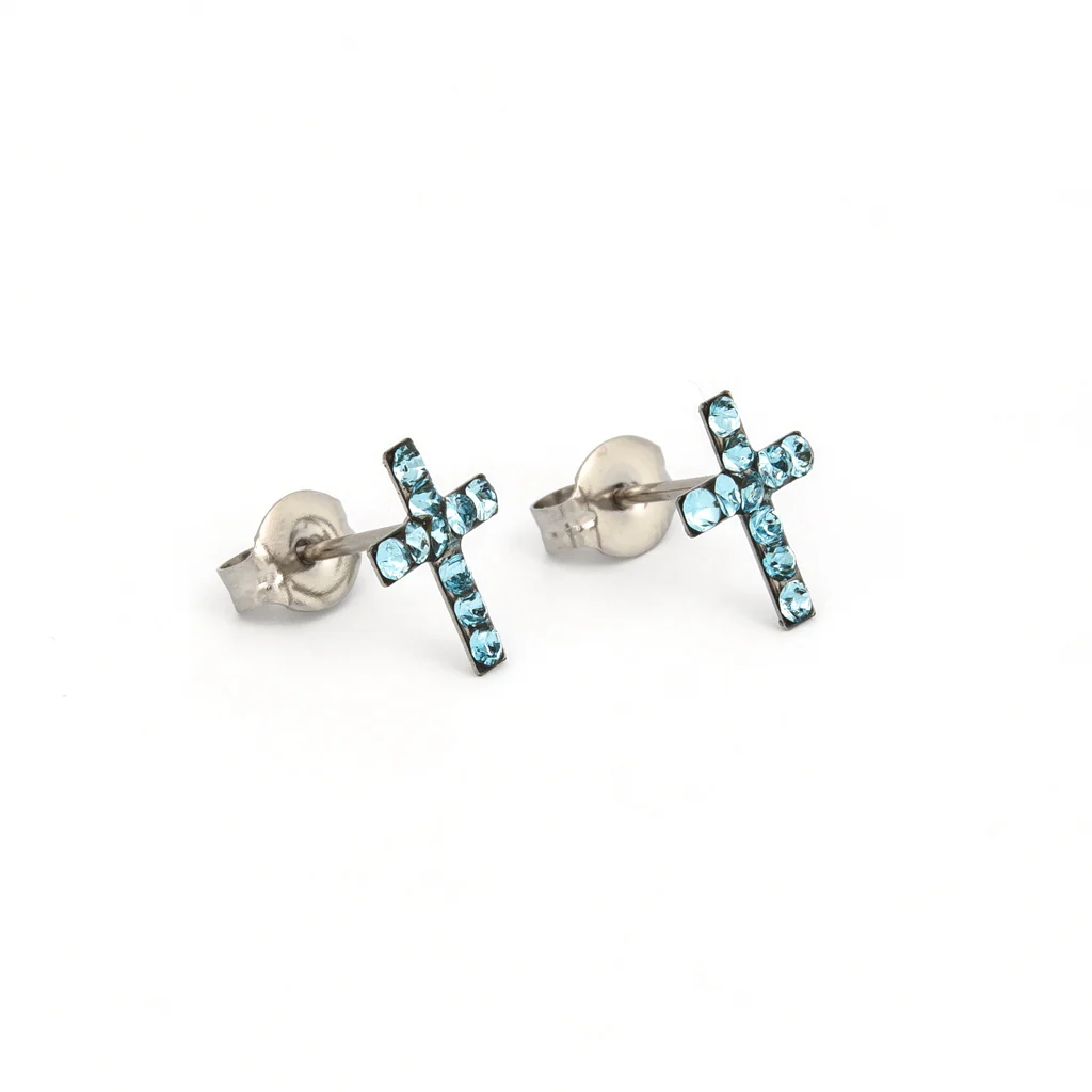 Sensitive Puff Pad Fashion - Cross - March Aquamarine Crystal - Stainless Steel