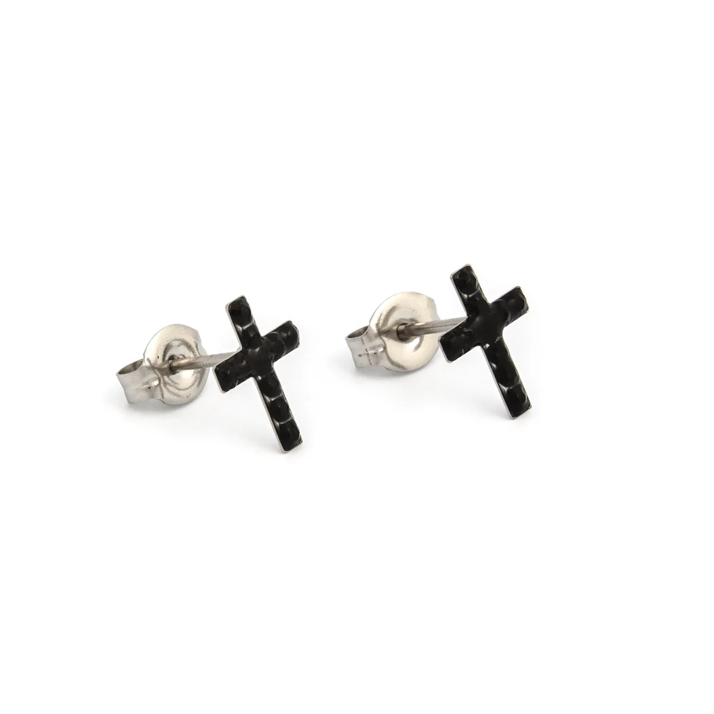 Sensitive Puff Pad Fashion - Cross - Jet Crystal - Stainless Steel