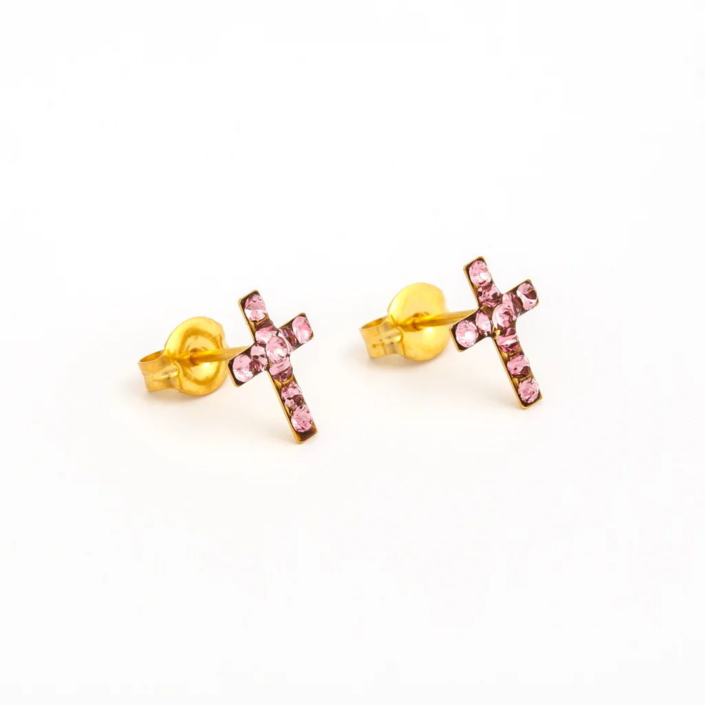 Sensitive Puff Pad Fashion - Cross - Light Rose Crystal - Gold Plated