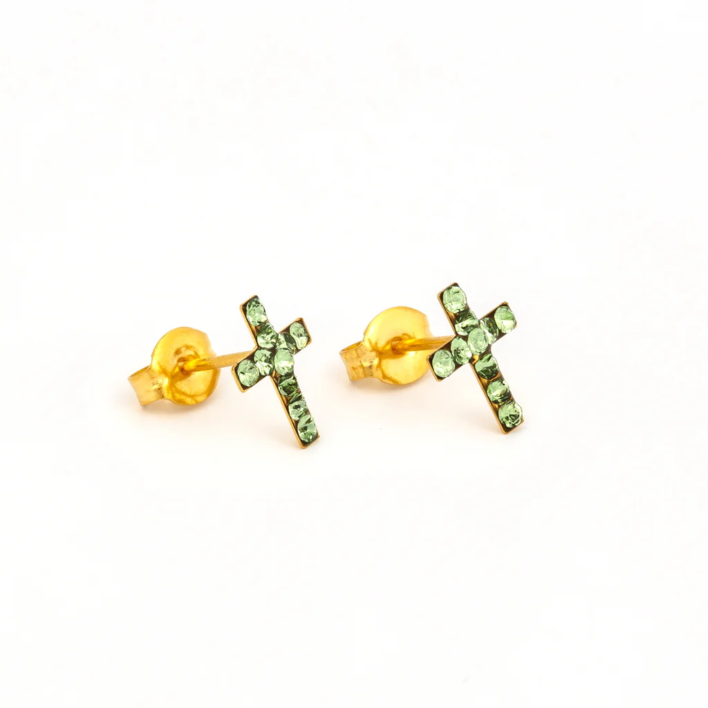 Sensitive Puff Pad Fashion - Cross - August Peridot Crystal - Gold Plated