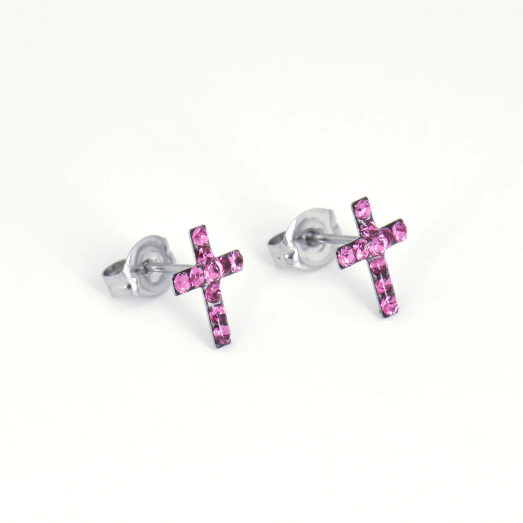 Sensitive Puff Pad Fashion - Cross - October Rose Crystal - Stainless Steel