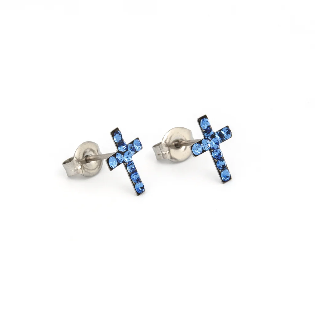 Sensitive Puff Pad Fashion - Cross - September Sapphire Crystal - Stainless Steel