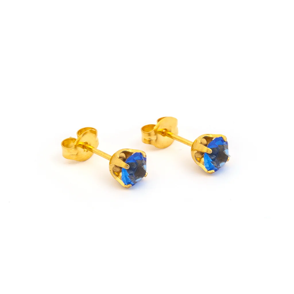 Sensitive Sterilized Prong-Set Crystal Fashion Studs- September Sapphire - 5mm - Gold Plated