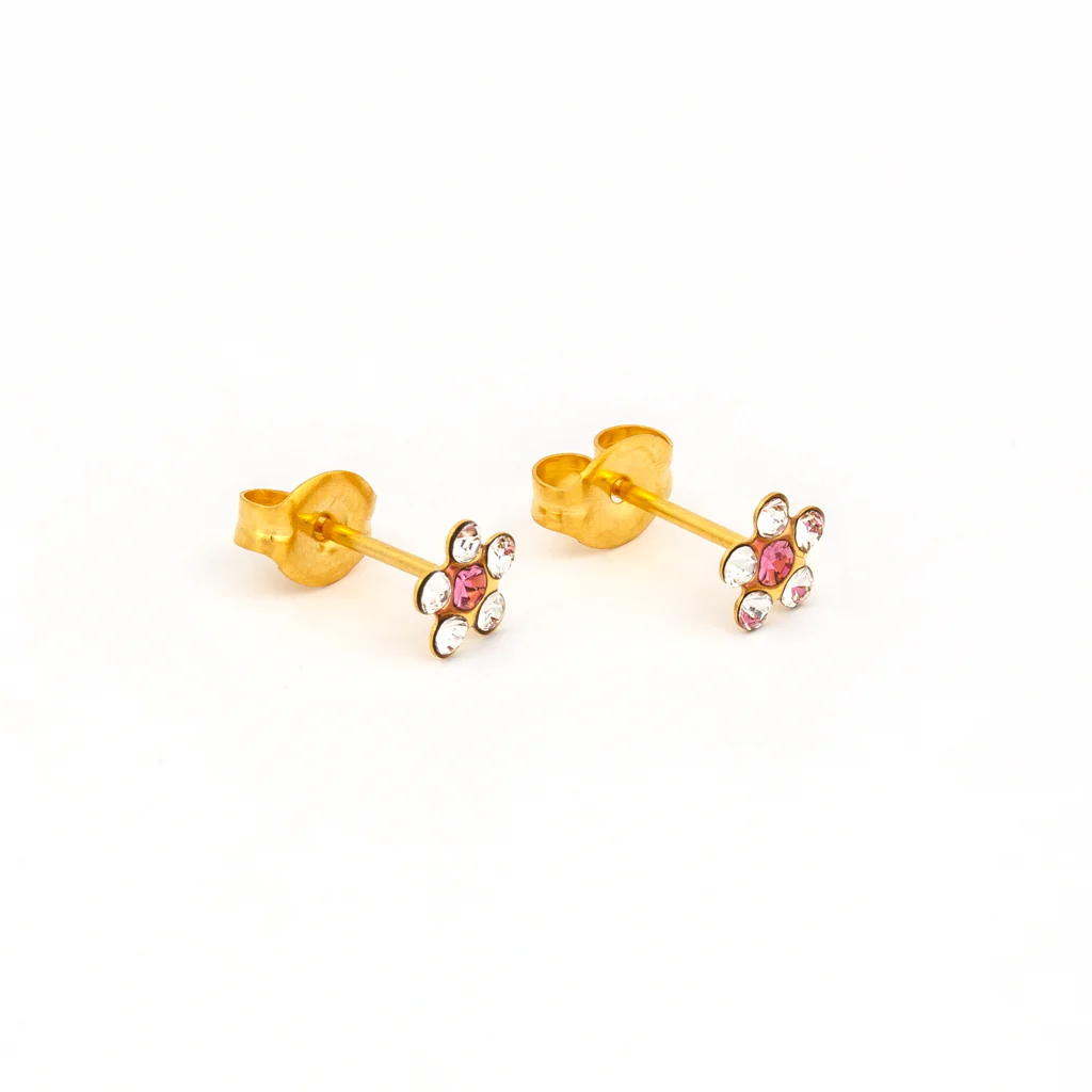 Sensitive Sterilized Daisy Cubic Zirconia Fashion Studs - April Crystal/October Rose - Gold Plated