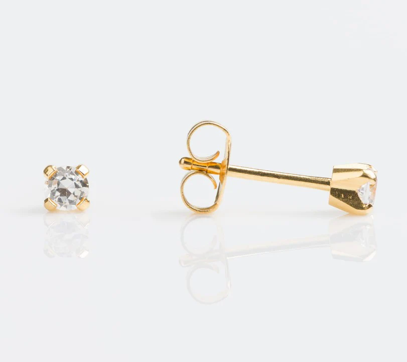 Sensitive Sterilized Prong-Set Cubic Zirconia Fashion Studs - Clear - 3mm - Gold Plated