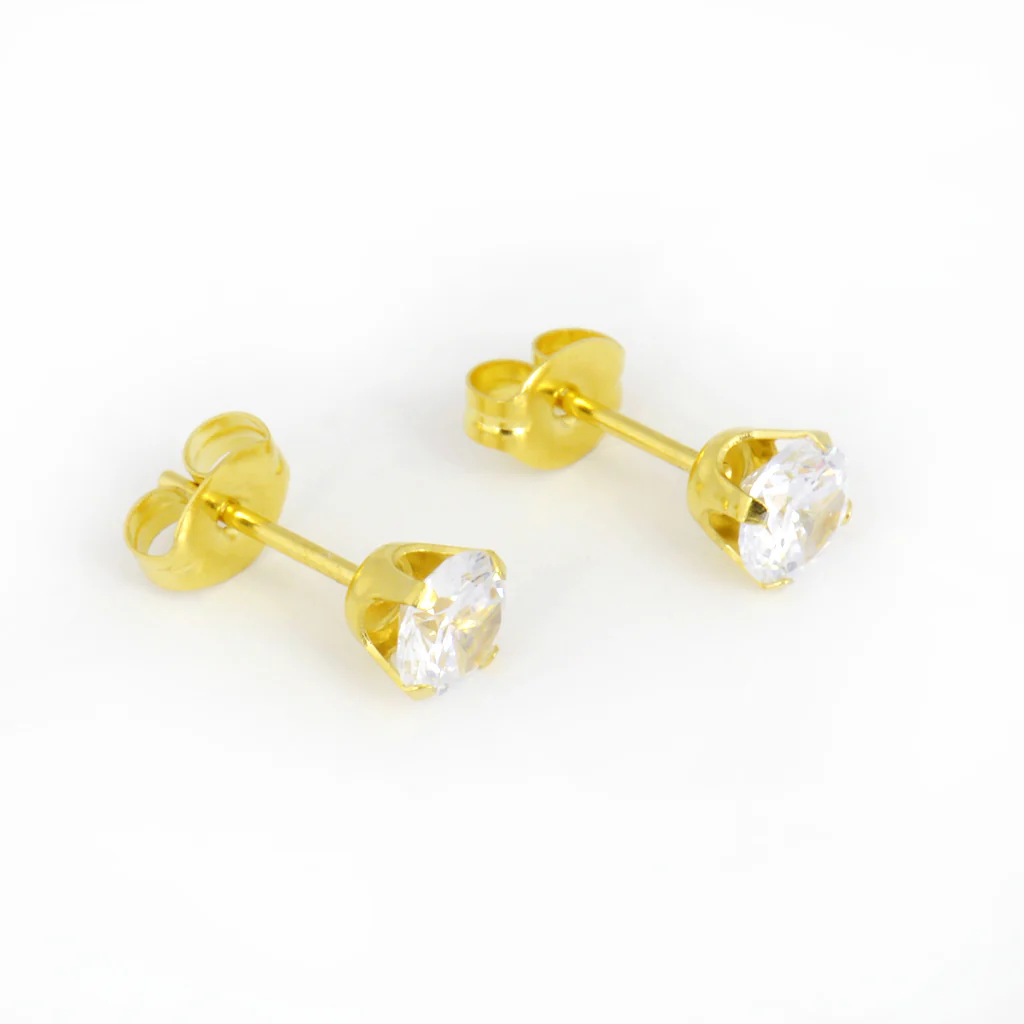 Sensitive Sterilized Prong-Set Cubic Zirconia Fashion Studs - Clear CZ - 5mm - Gold Plated