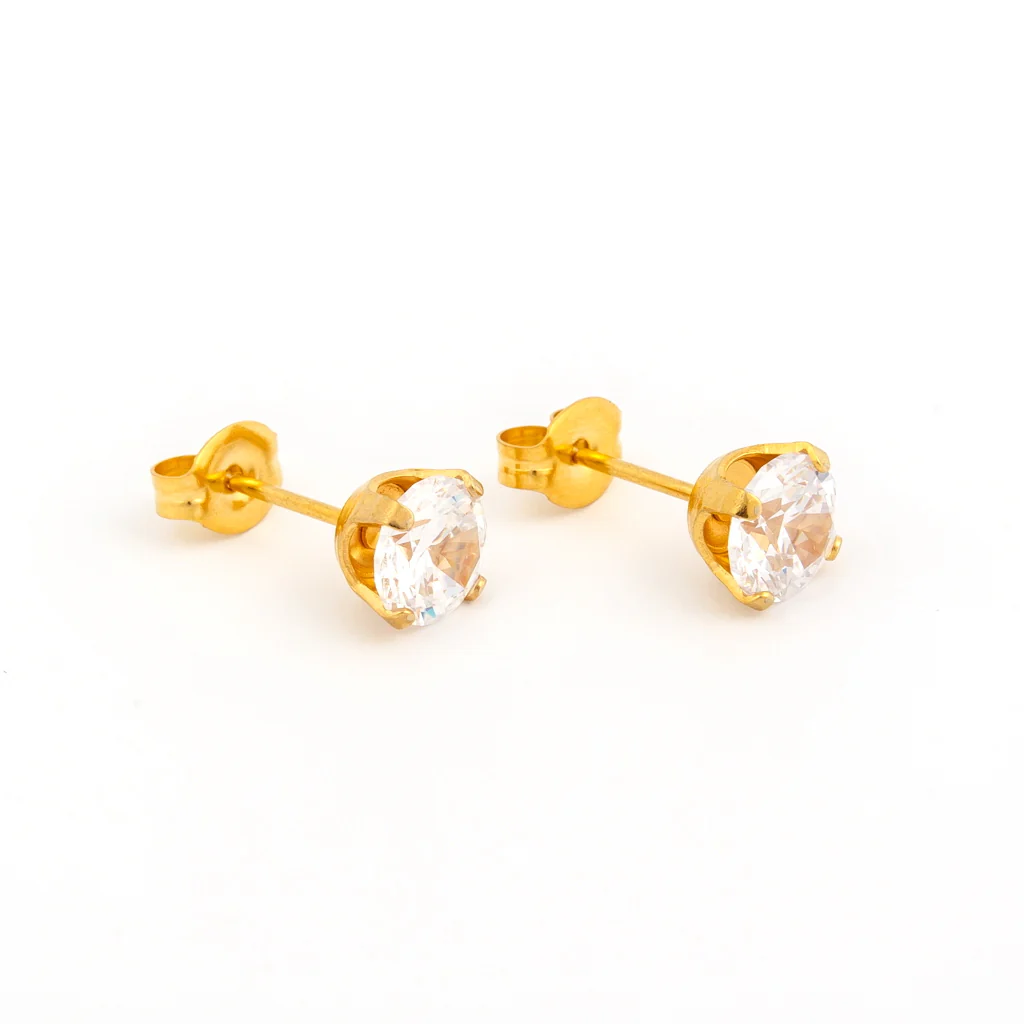 Sensitive Sterilized Prong-Set Cubic Zirconia Fashion Studs - Clear cz- 6mm - Gold Plated