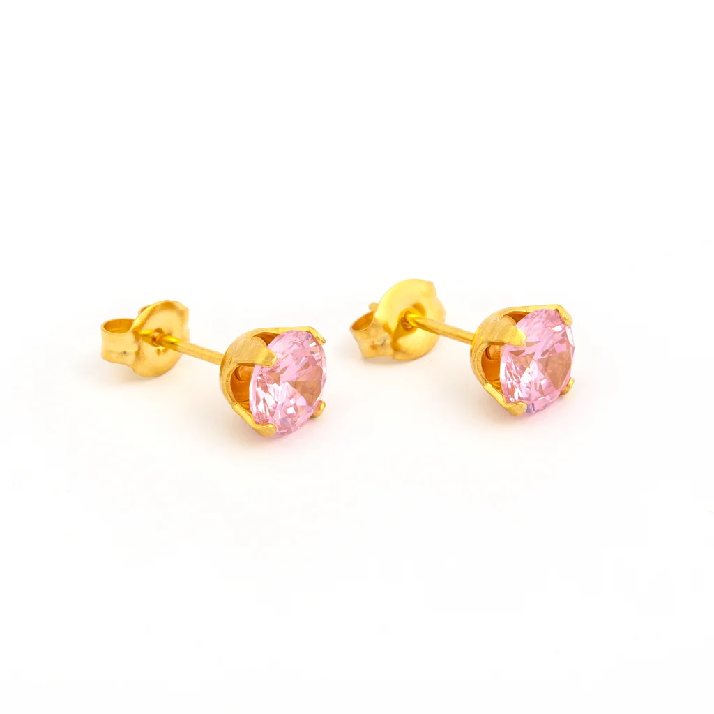 Sensitive Sterilized Prong-Set Cubic Zirconia Fashion Studs - Pink - 6mm - Gold Plated