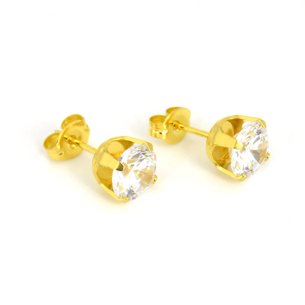 Sensitive Sterilized Prong-Set Cubic Zirconia Fashion Studs - Clear cz - 7mm - Gold Plated