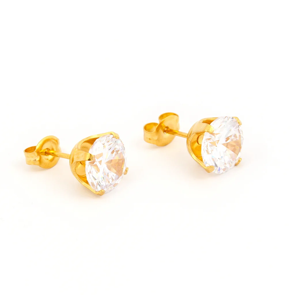 Sensitive Sterilized Prong-Set Cubic Zirconia Fashion Studs - Clear - 8mm - Gold Plated