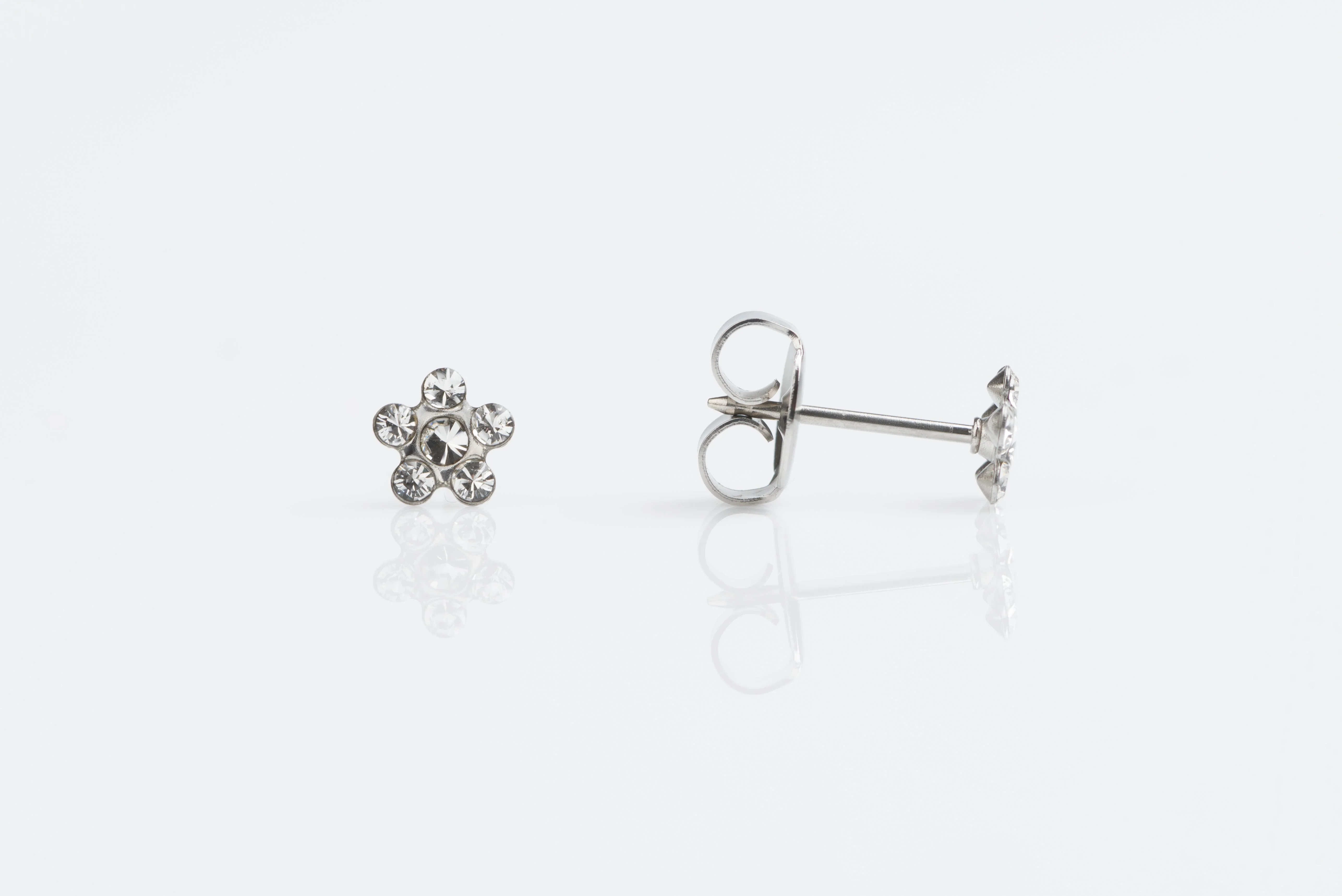 System 75 Daisy Birthstone Piercing Studs - Clear Crystal - Regular Post - Stainless Steel