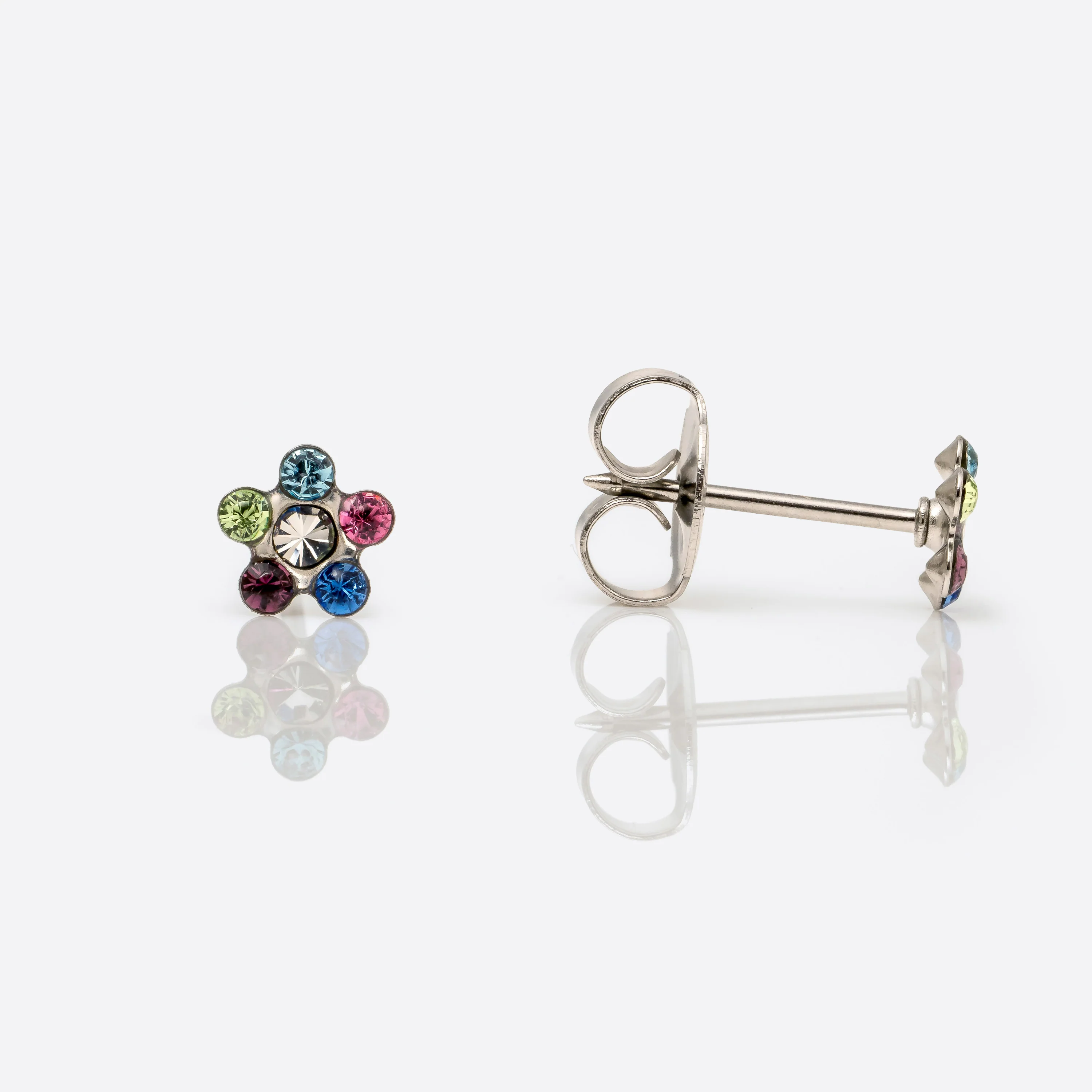 System 75 Daisy Birthstone Piercing Studs - Rainbow Crystal - Regular Post - Stainless Steel