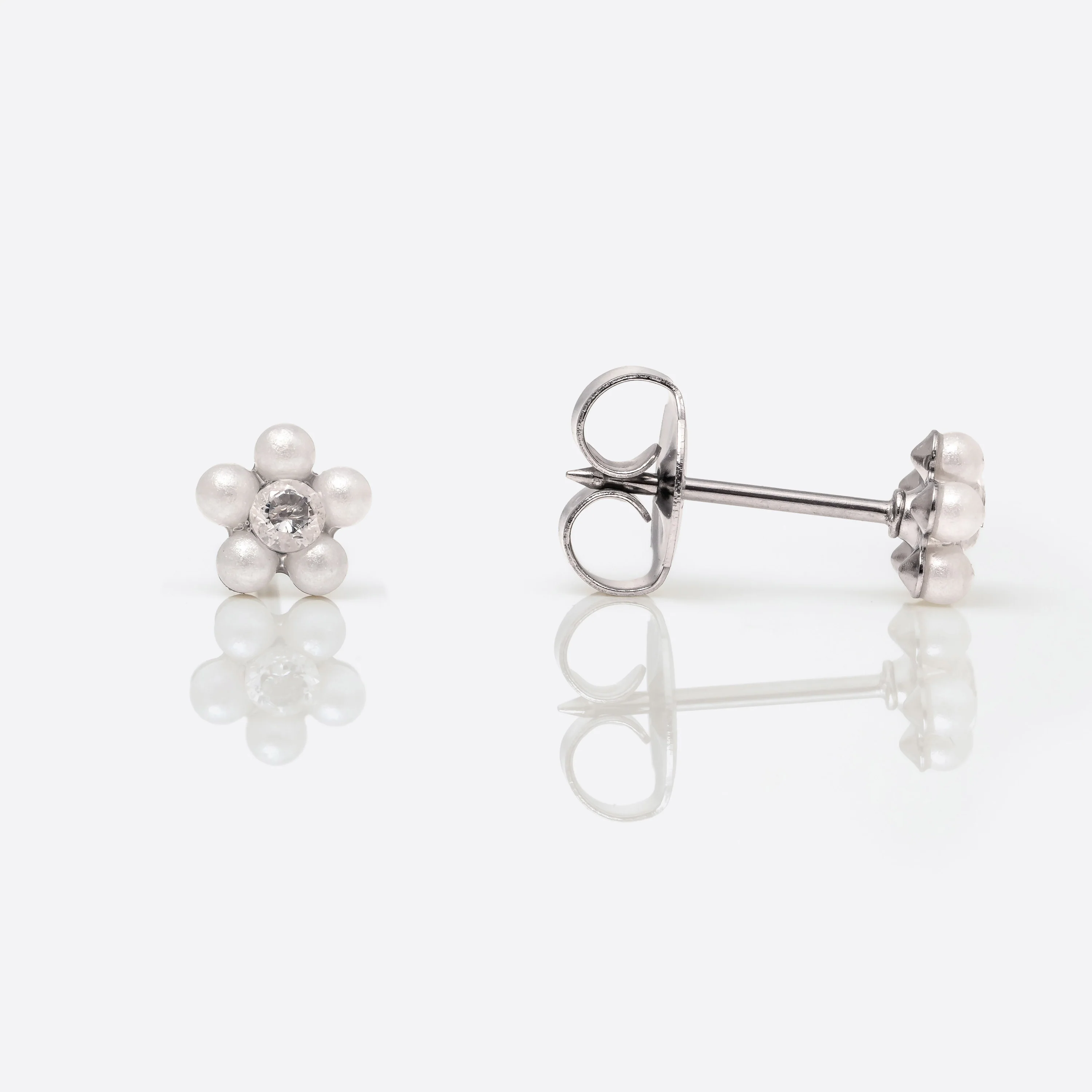 System 75 Daisy Birthstone Piercing Studs - Pearl/Cubic Zirconia - Regular Post - Stainless Steel