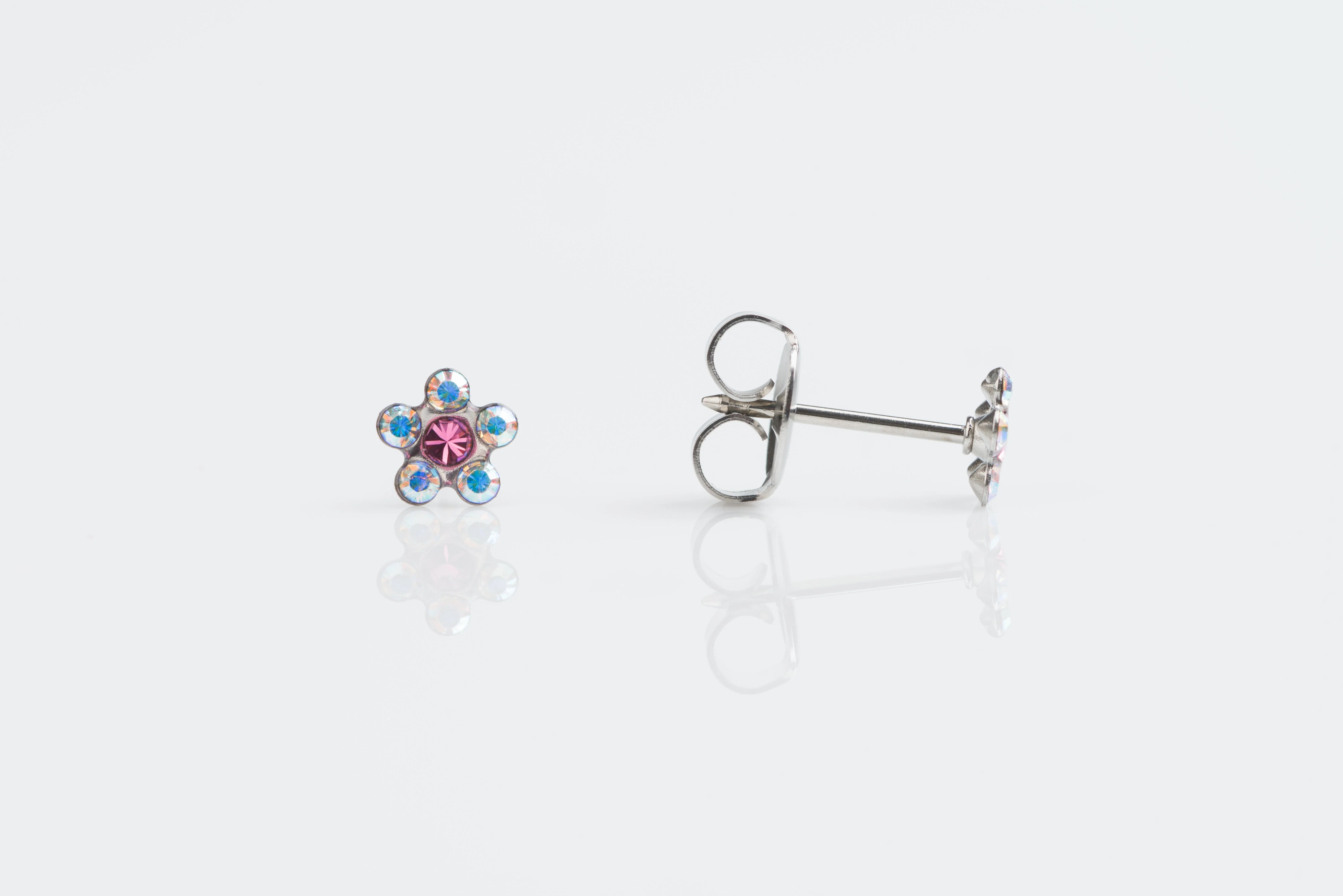 System 75 Daisy Birthstone Piercing Studs - AB Crystal/October Rose - Regular Post - Stainless Steel
