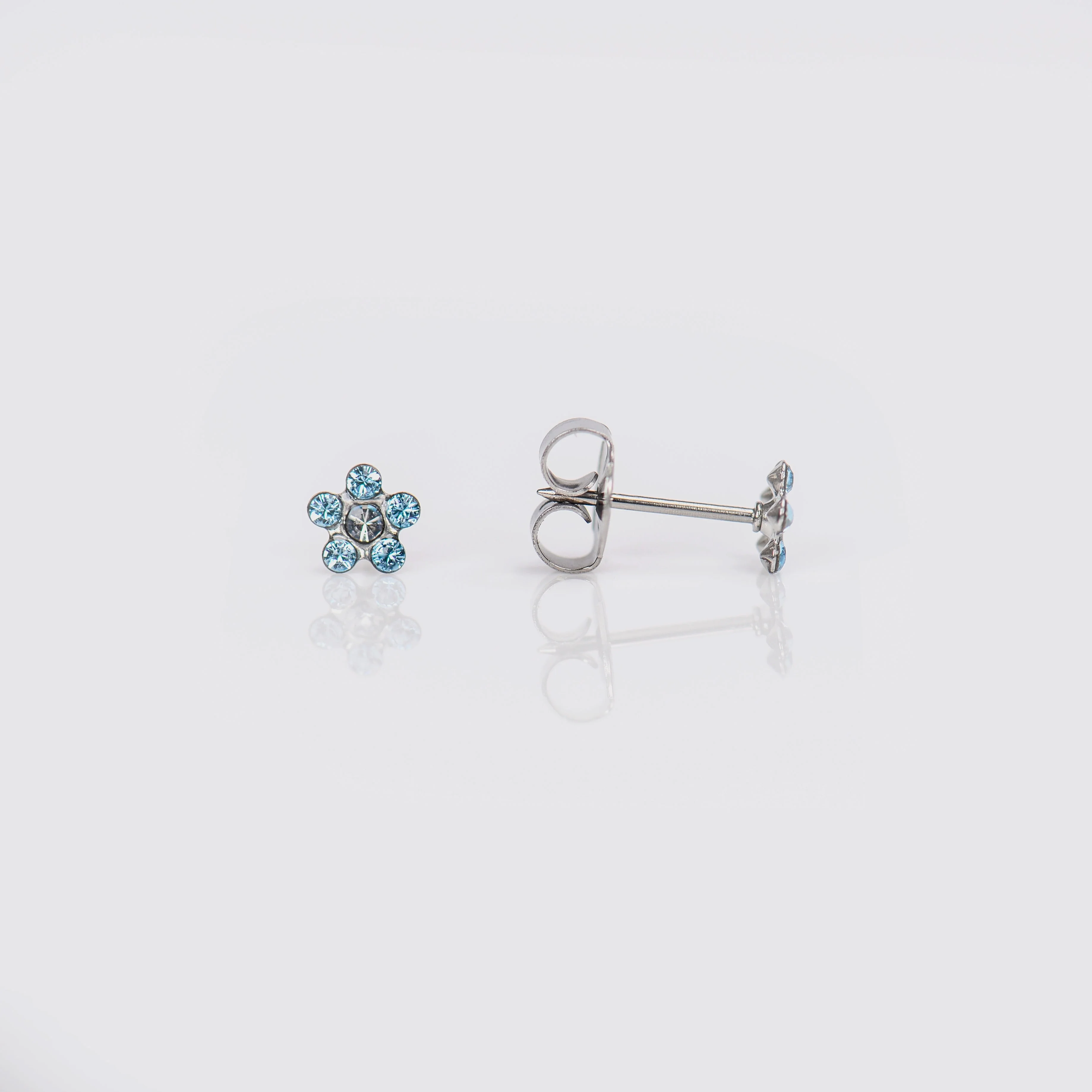System 75 Daisy Birthstone Piercing Studs - March Aquamarine/Crystal - Regular Post - 14K White Gold