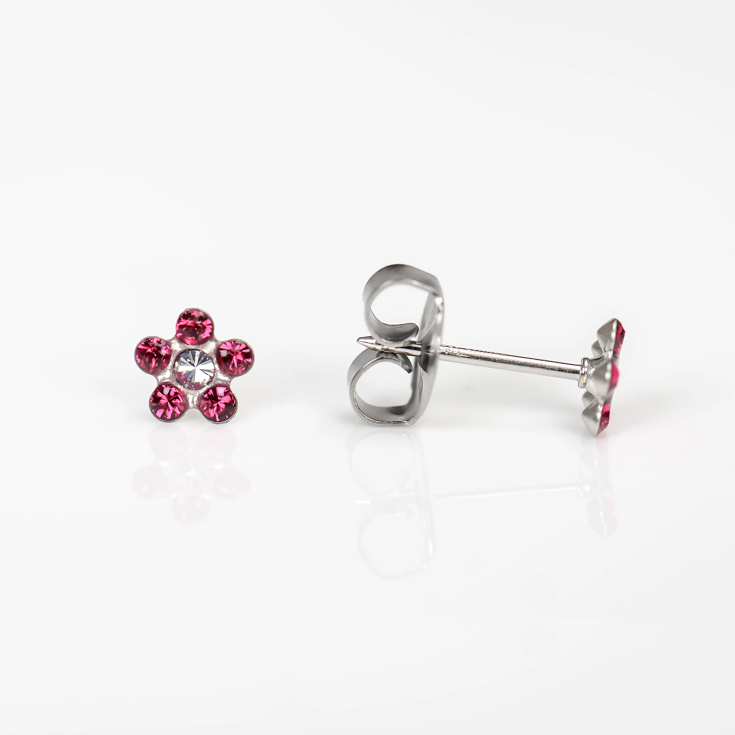 System 75 Daisy Birthstone Piercing Studs - July Ruby/Crystal - Regular Post - 14K White Gold
