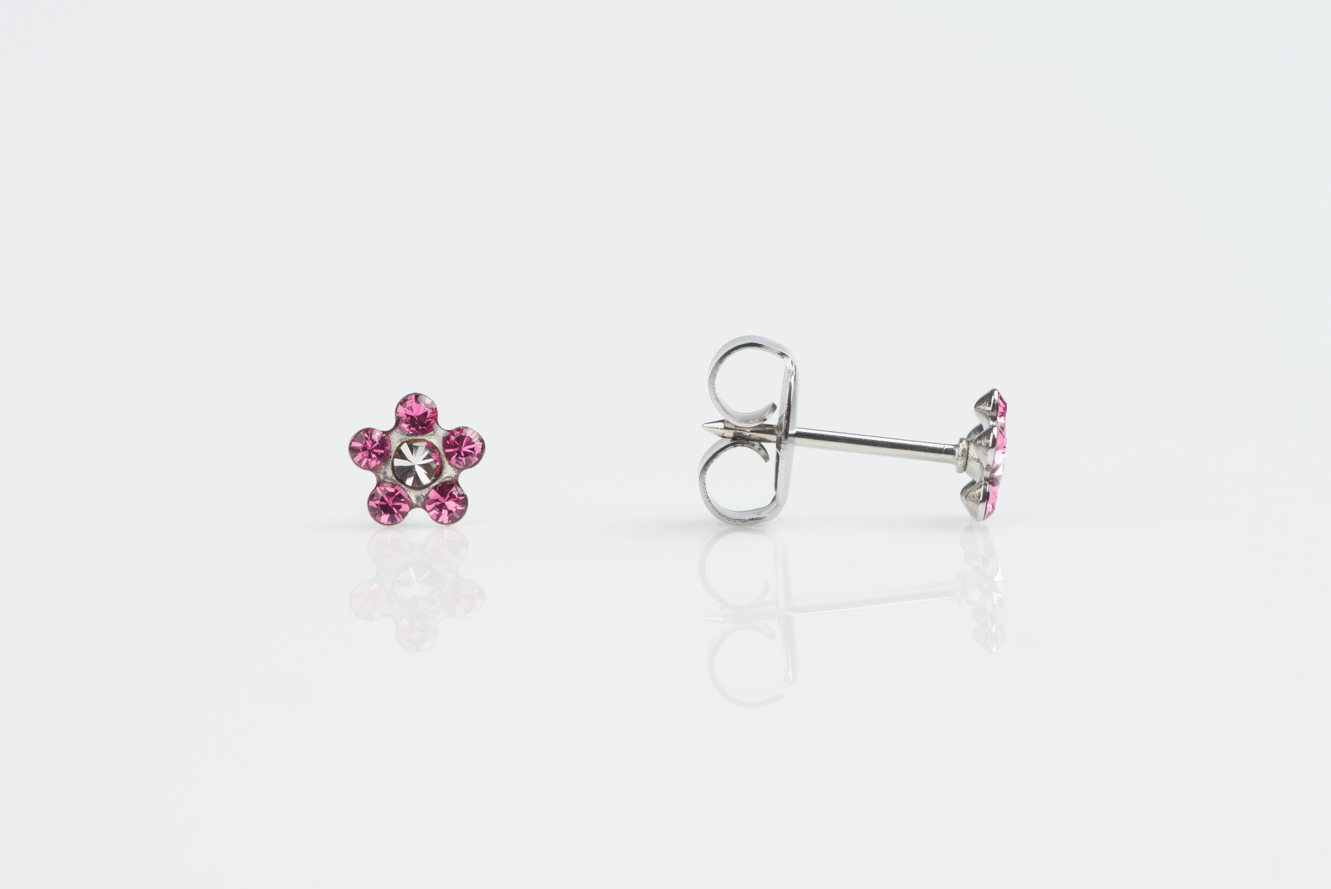System 75 Daisy Birthstone Piercing Studs - October Rose/Crystal - Regular Post - 14K White Gold