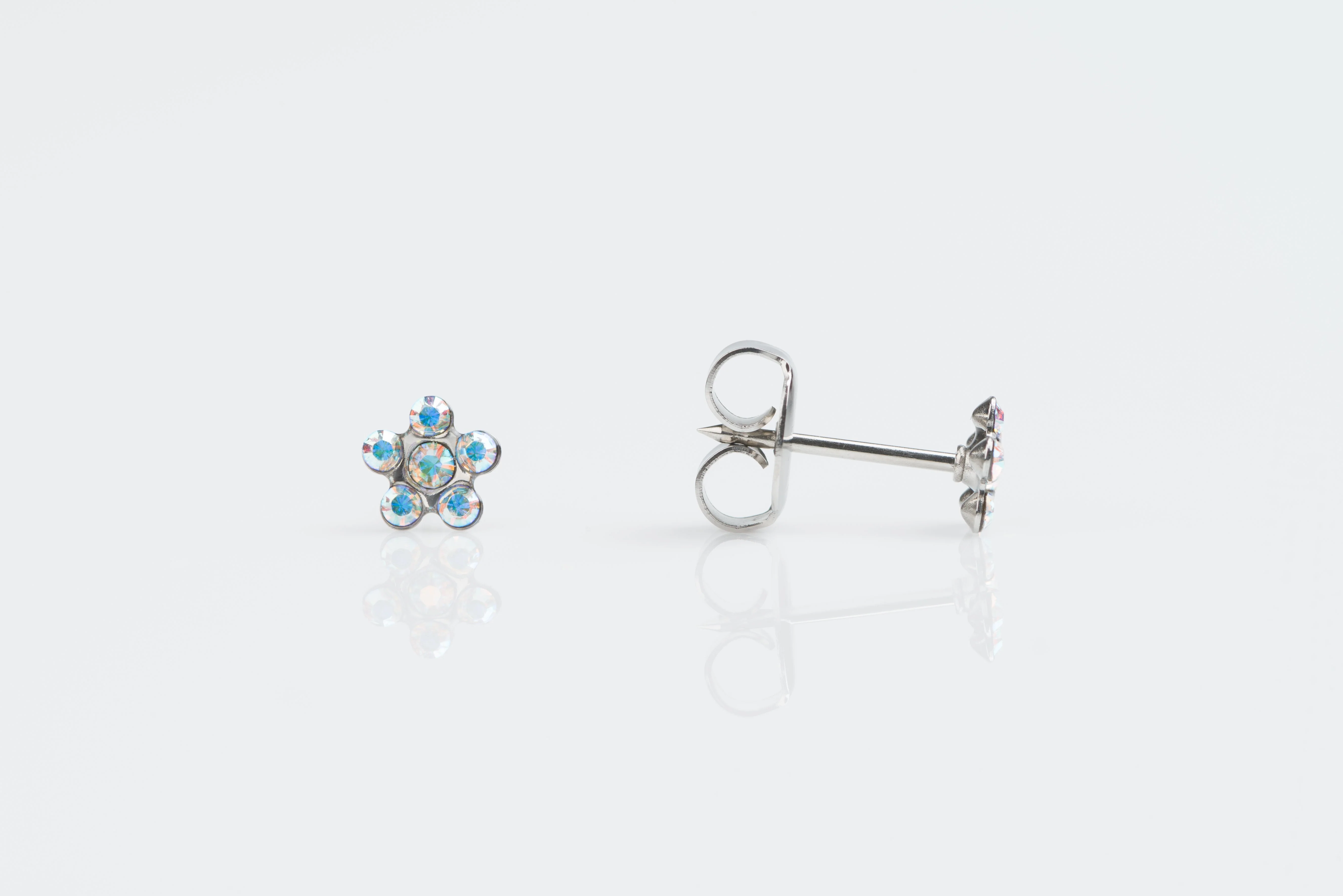 System 75 Daisy Birthstone Piercing Studs - AB Crystal - Regular Post - 14K White Gold