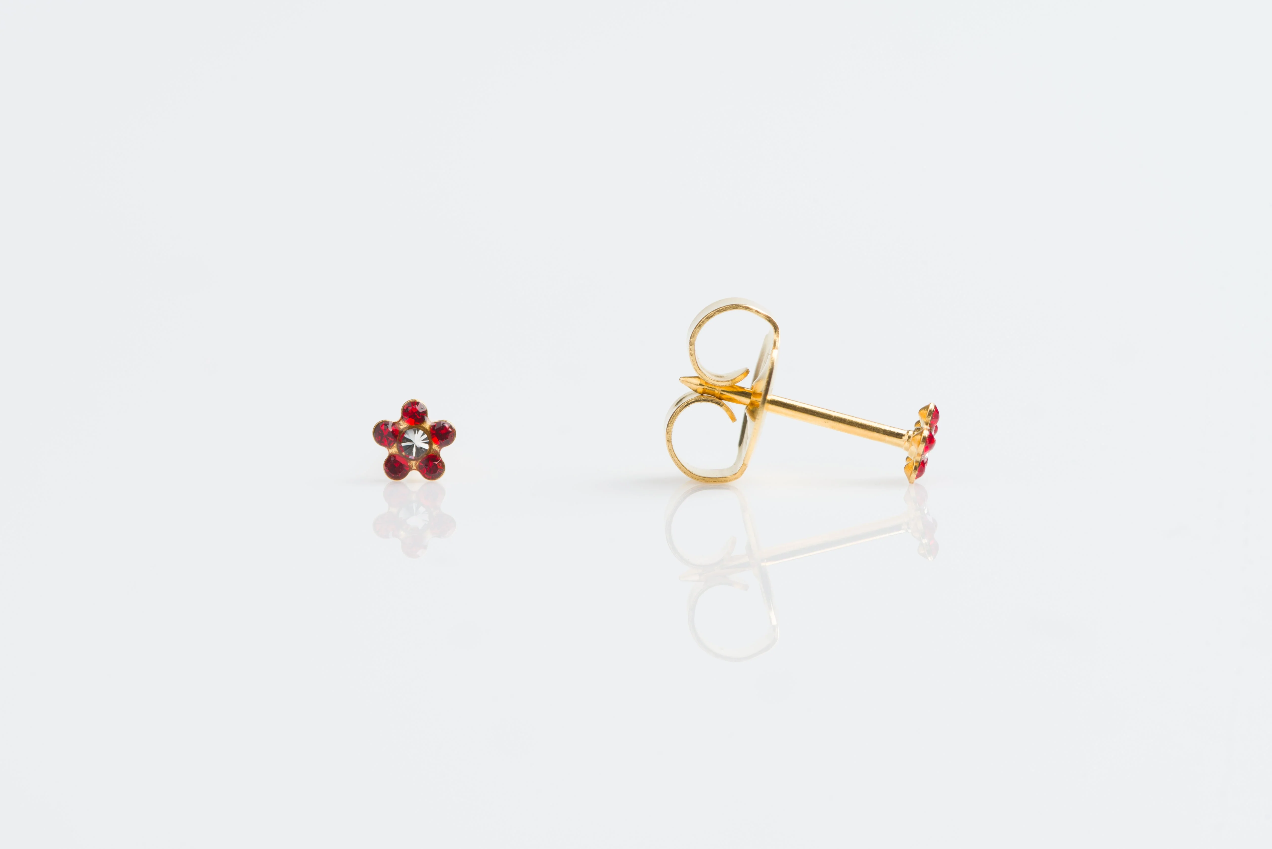 System 75 Daisy Birthstone Piercing Studs - July Ruby/Crystal - Baby Post - Gold Plated
