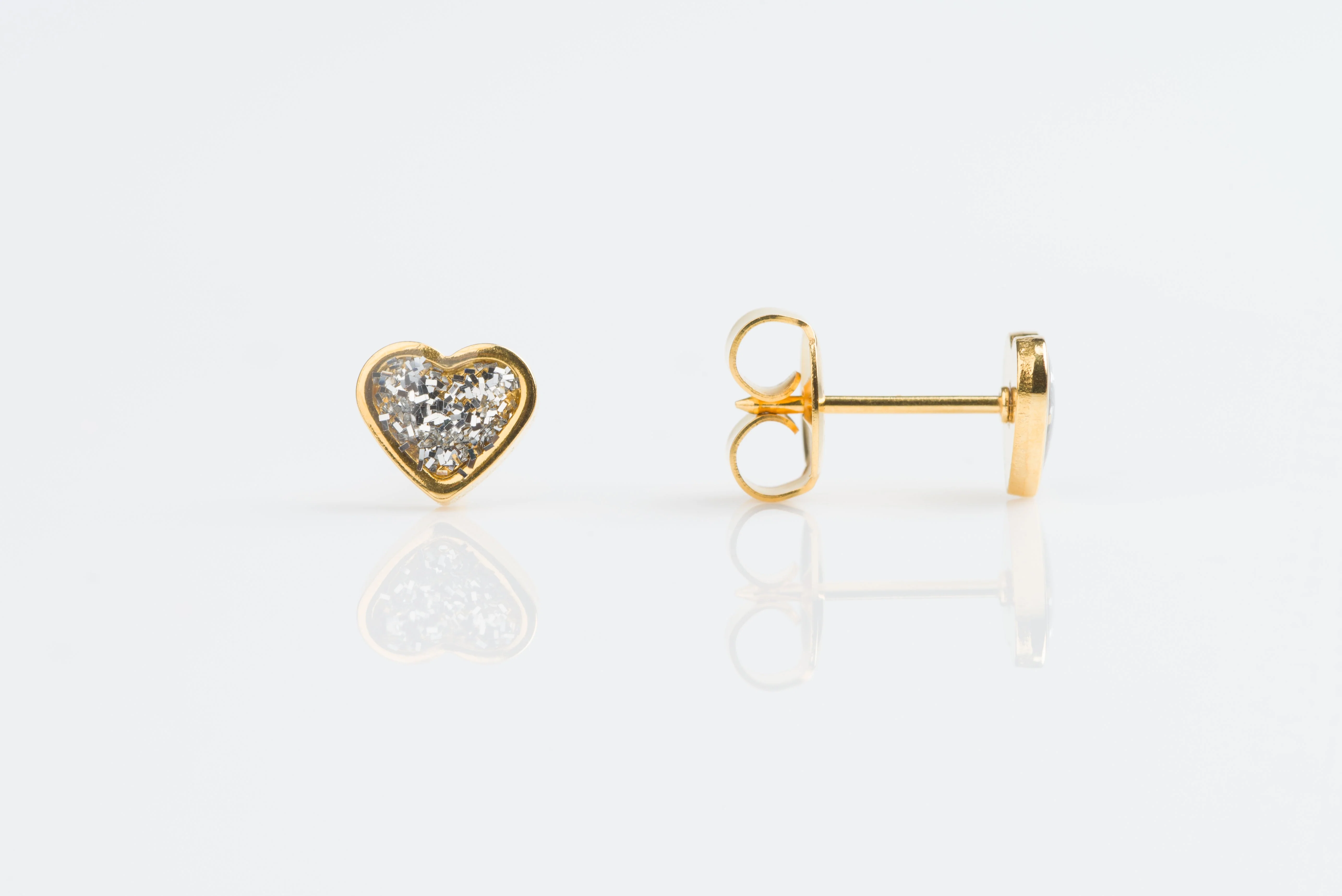 System 75 Glitter Heart Piercing Studs - Gold Plated - Clear