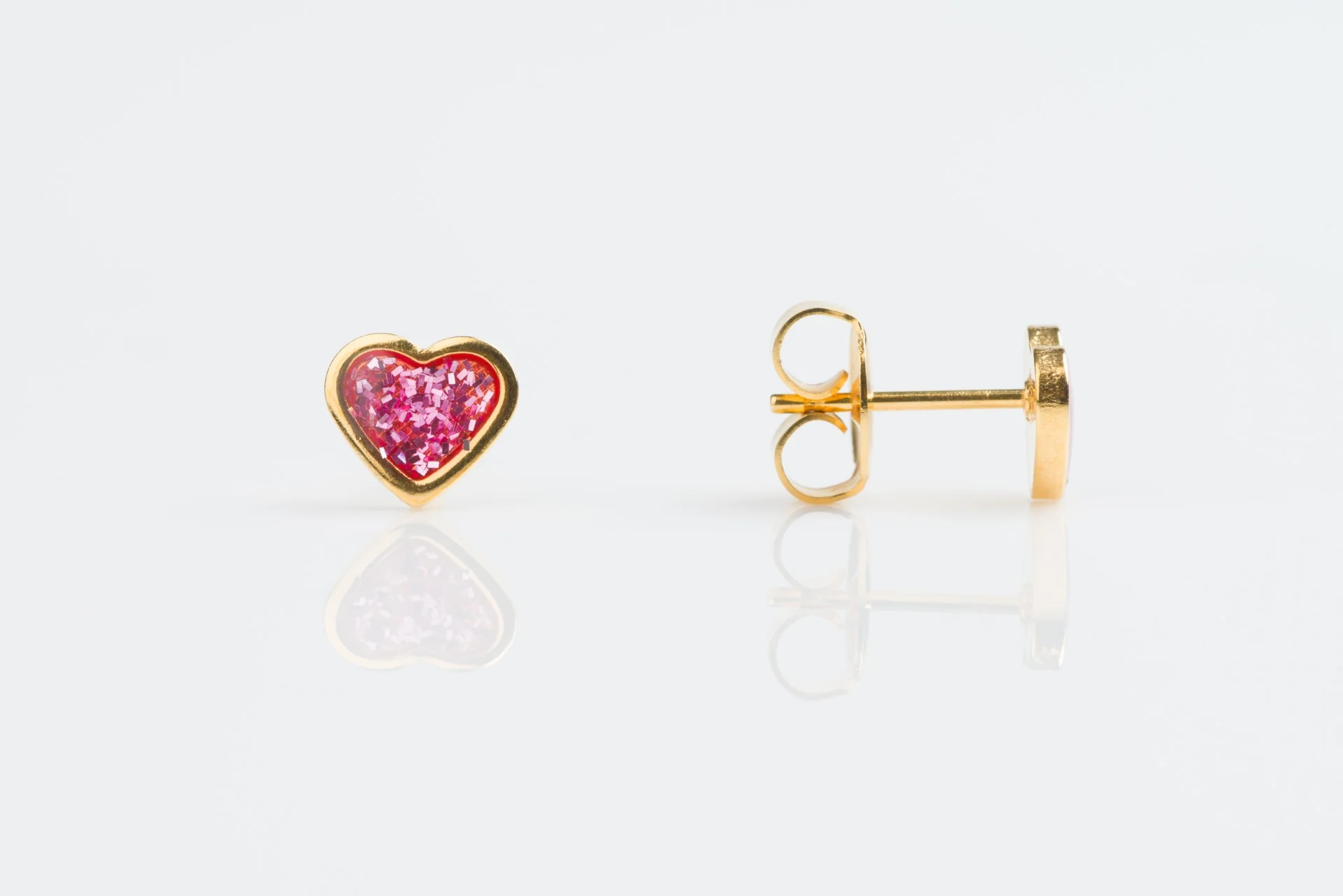 System 75 Glitter Heart Piercing Studs - Gold Plated - Pink