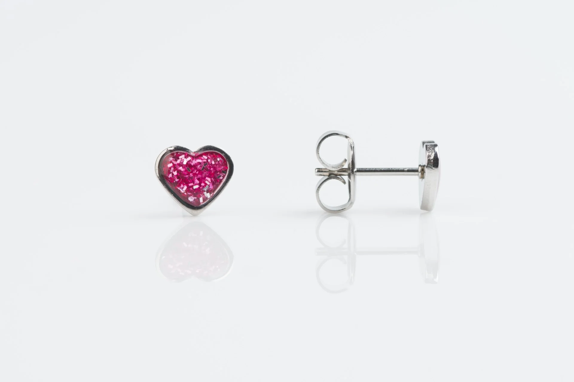 System 75 Glitter Heart Piercing Studs - Stainless Steel - Pink