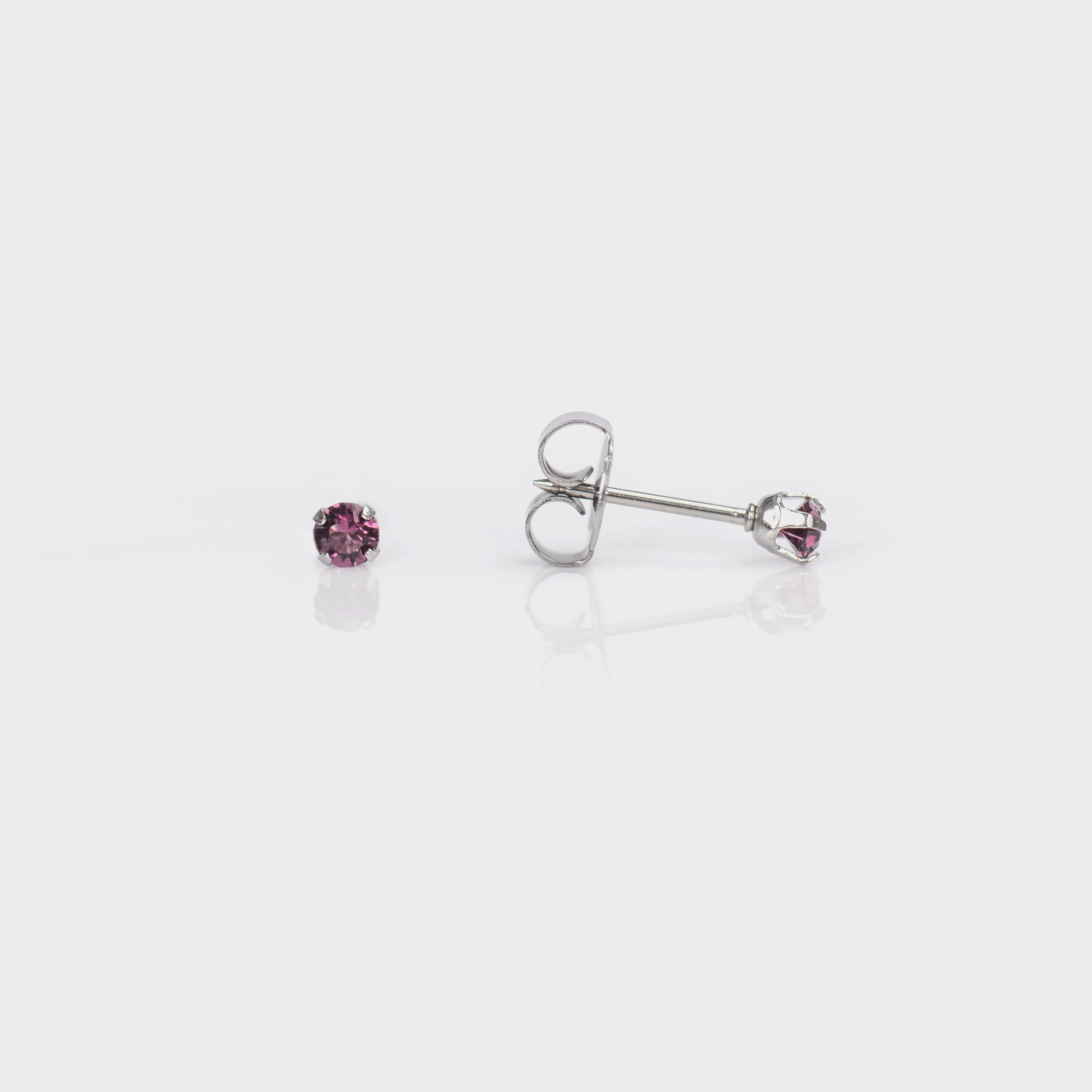 System 75 Prong Set Birthstone Piercing Studs - 3mm - February Amethyst Crystal - Stainless Steel