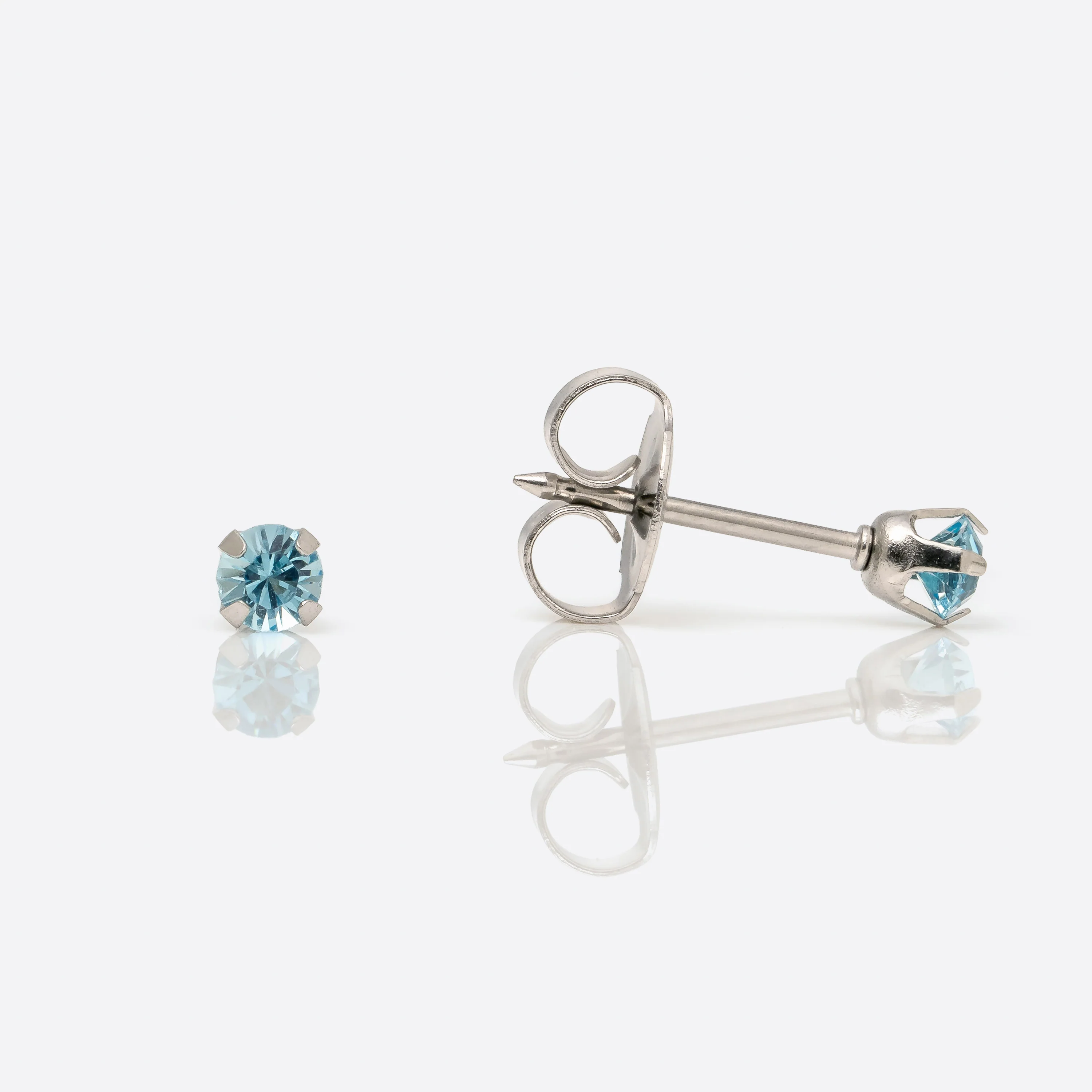 System 75 Prong Set Birthstone Piercing Studs - 3mm - March Aquamarine Crystal - Stainless Steel