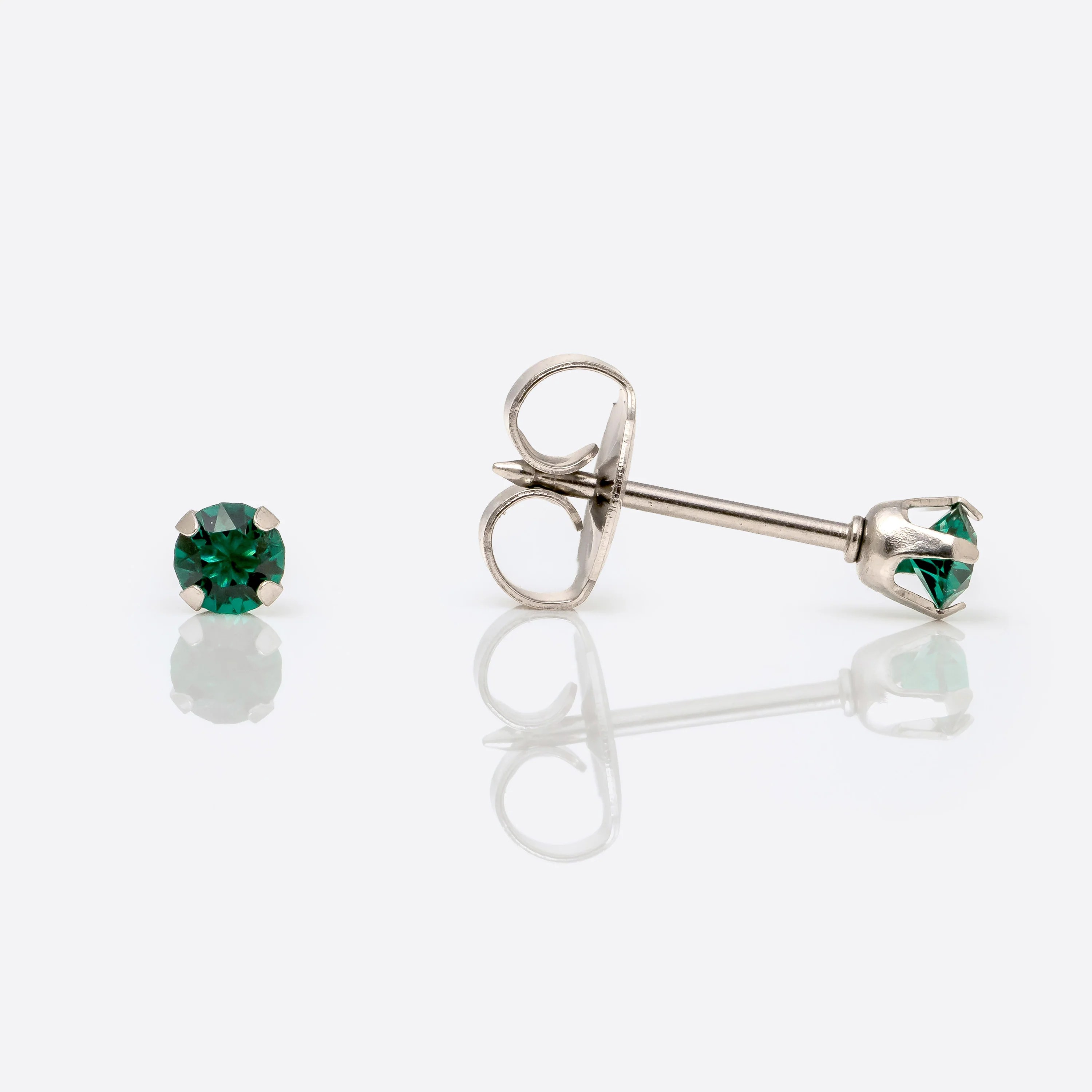 System 75 Prong Set Birthstone Piercing Studs - 3mm - May Emerald Crystal - Stainless Steel